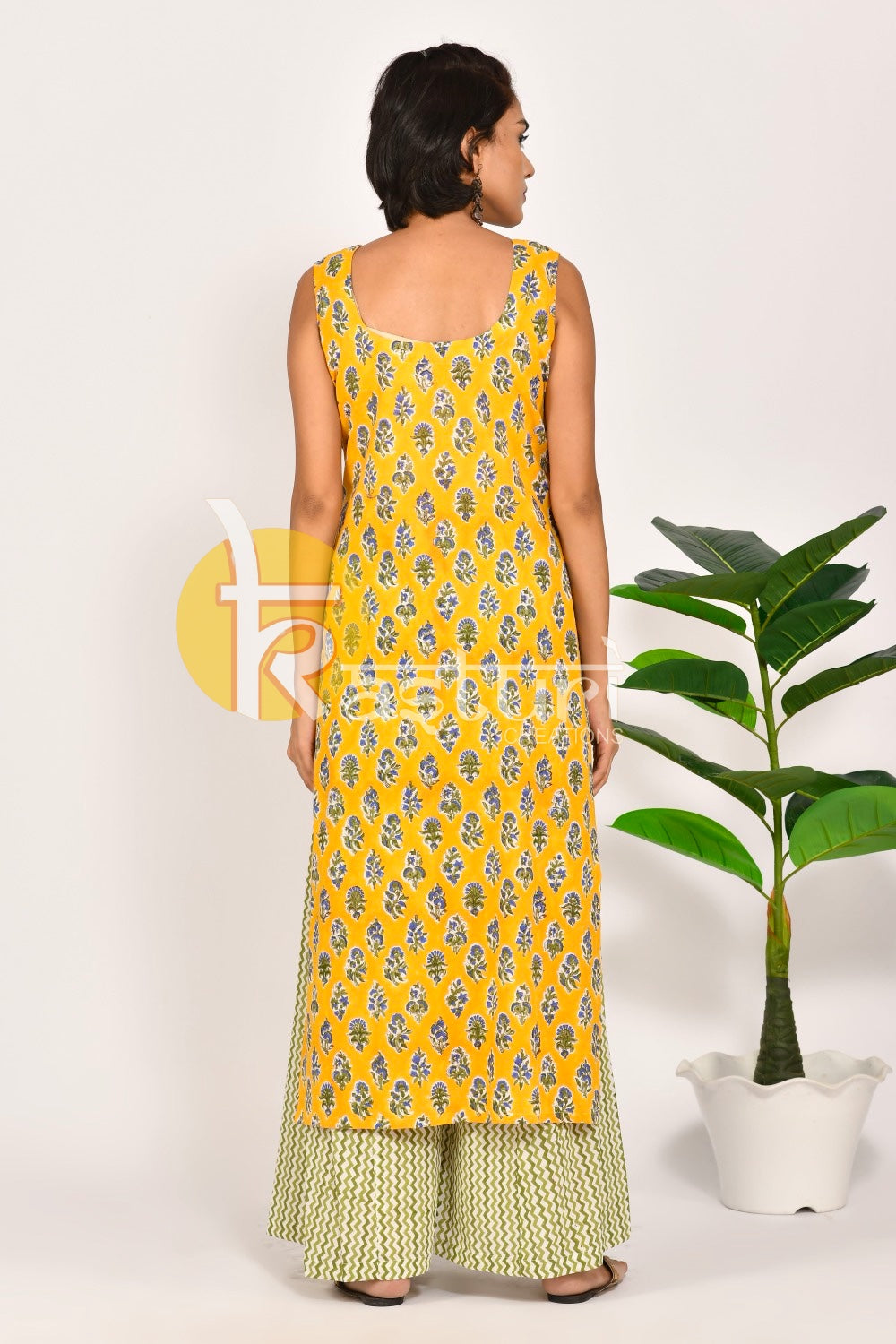 Yellow green printed cotton kurta with palazzo set JOLLY3