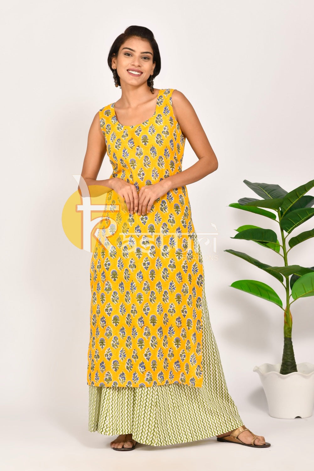 Yellow green printed cotton kurta with palazzo set JOLLY3