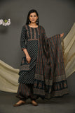 Dark Green Cotton Jaipuri Printed Kurta with Zigzag Printed Pant and Dupatta
