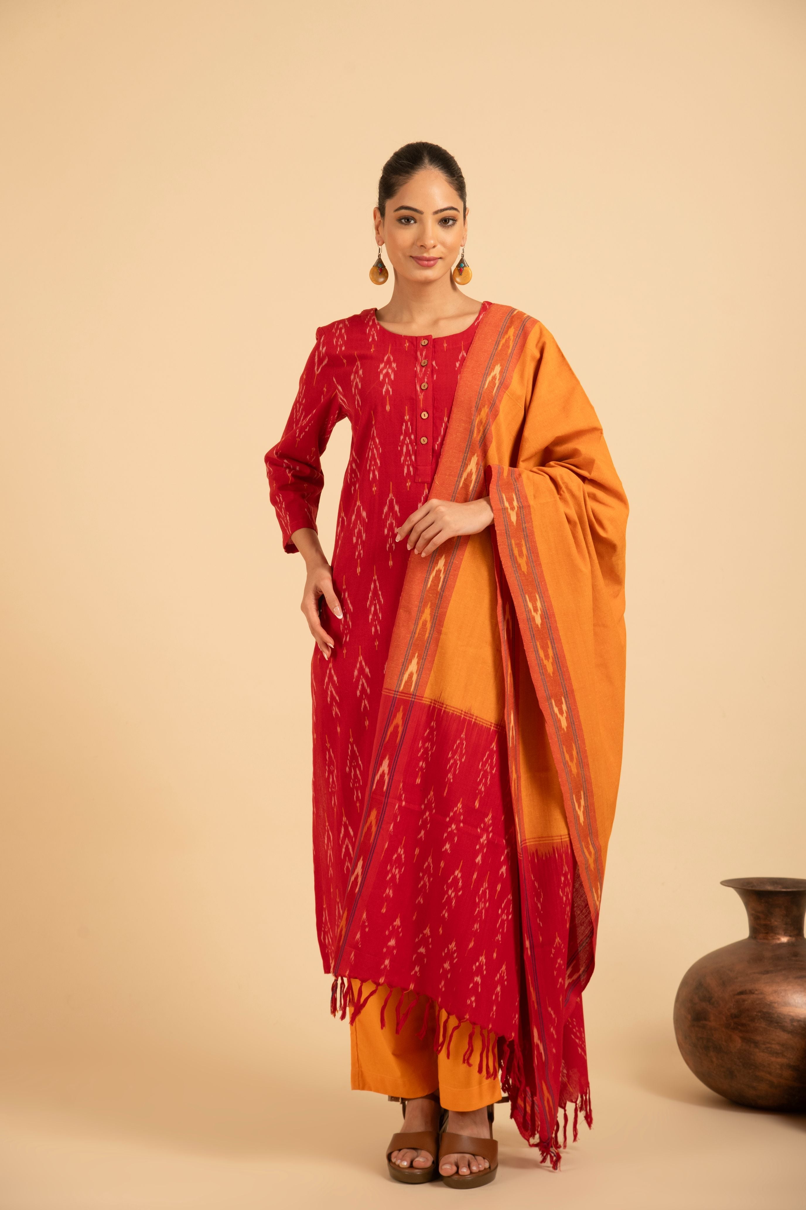 Pure cotton  pochampally  ikkat weave kurta with  conrast bottom  and dupatta IK104