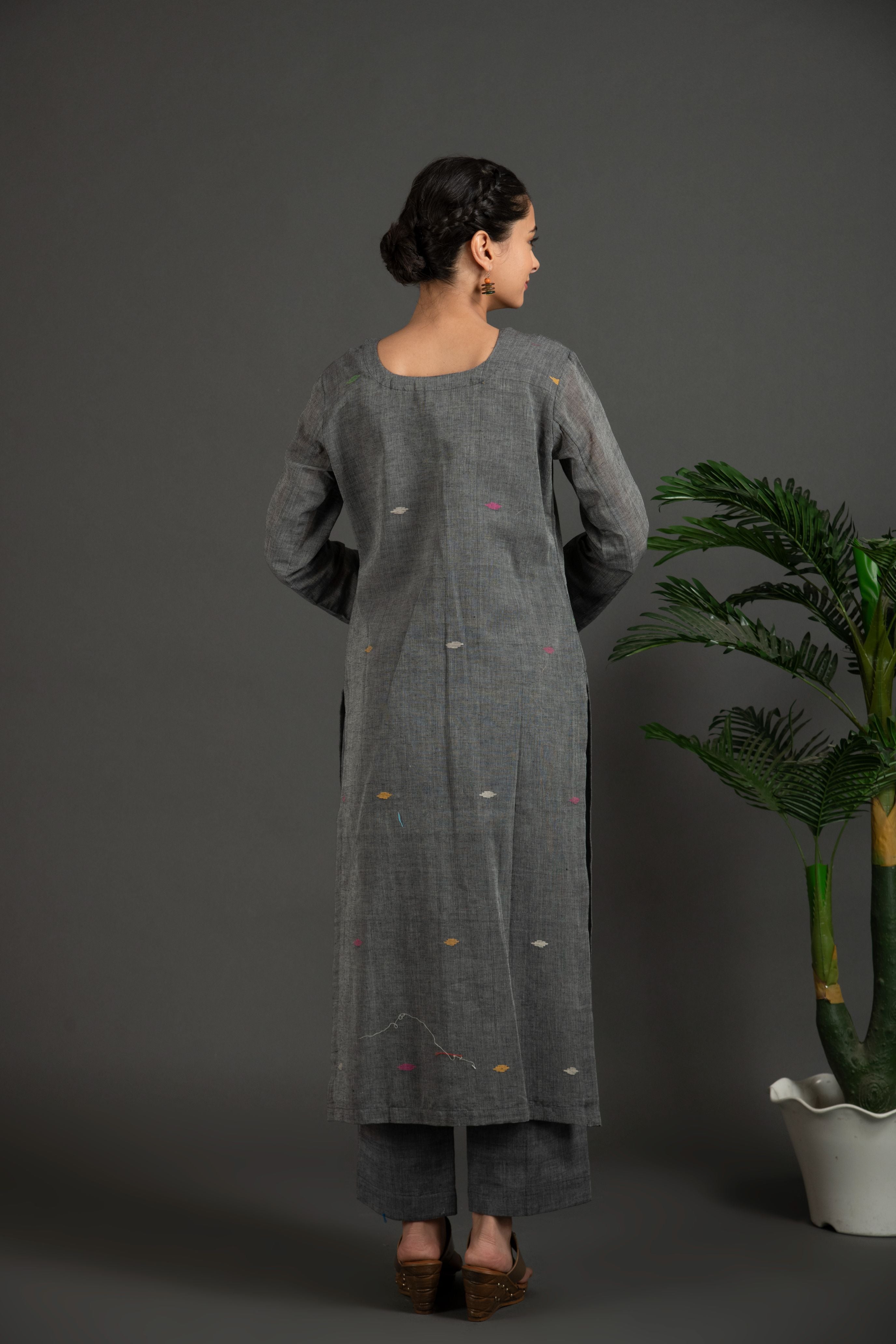 Hand Made Pure Jamdani Floral Soft and Fine Cotton Kurta with Pant and Dupatta P 09