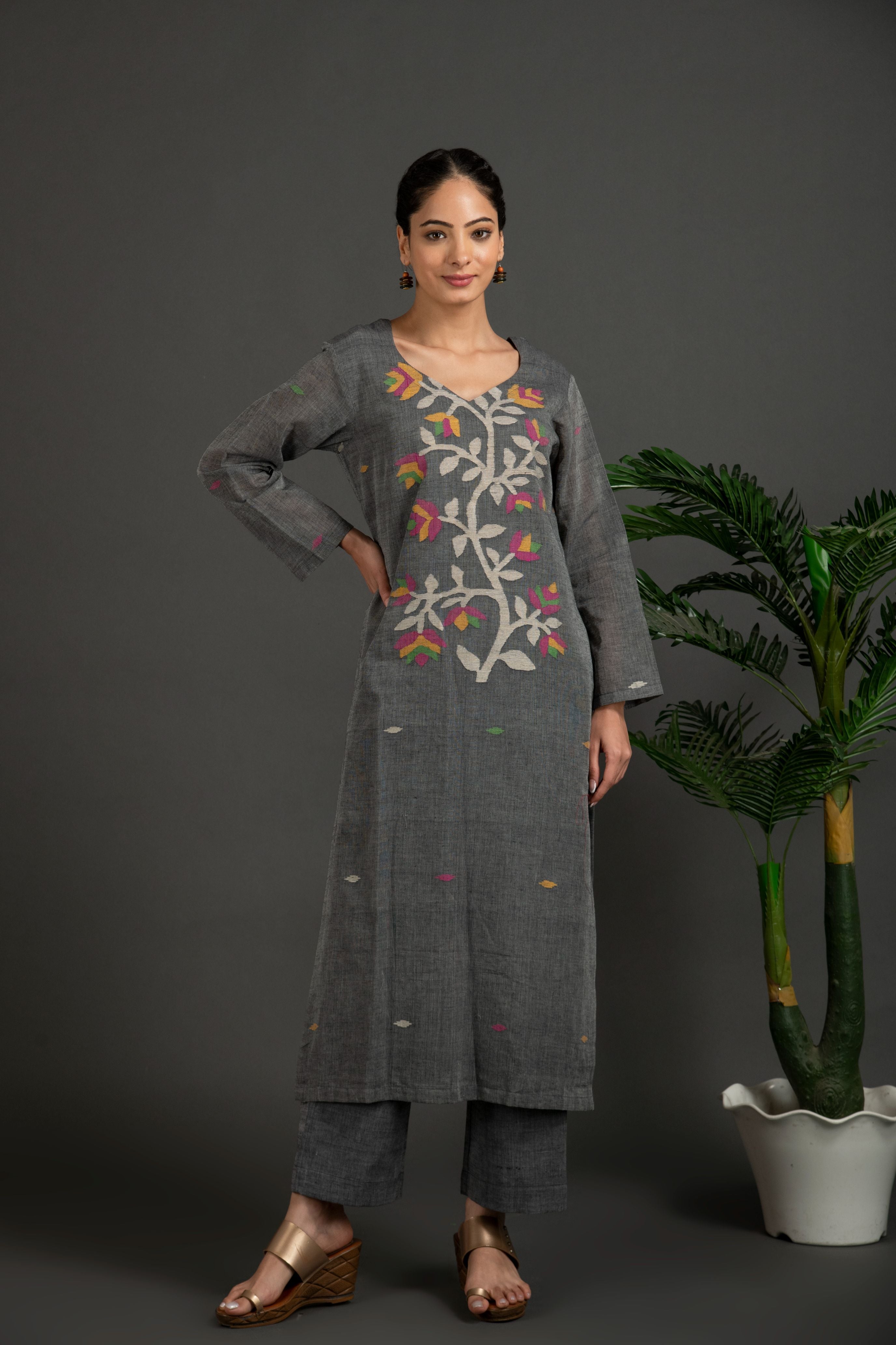 Hand Made Pure Jamdani Floral Soft and Fine Cotton Kurta with Pant and Dupatta P 09