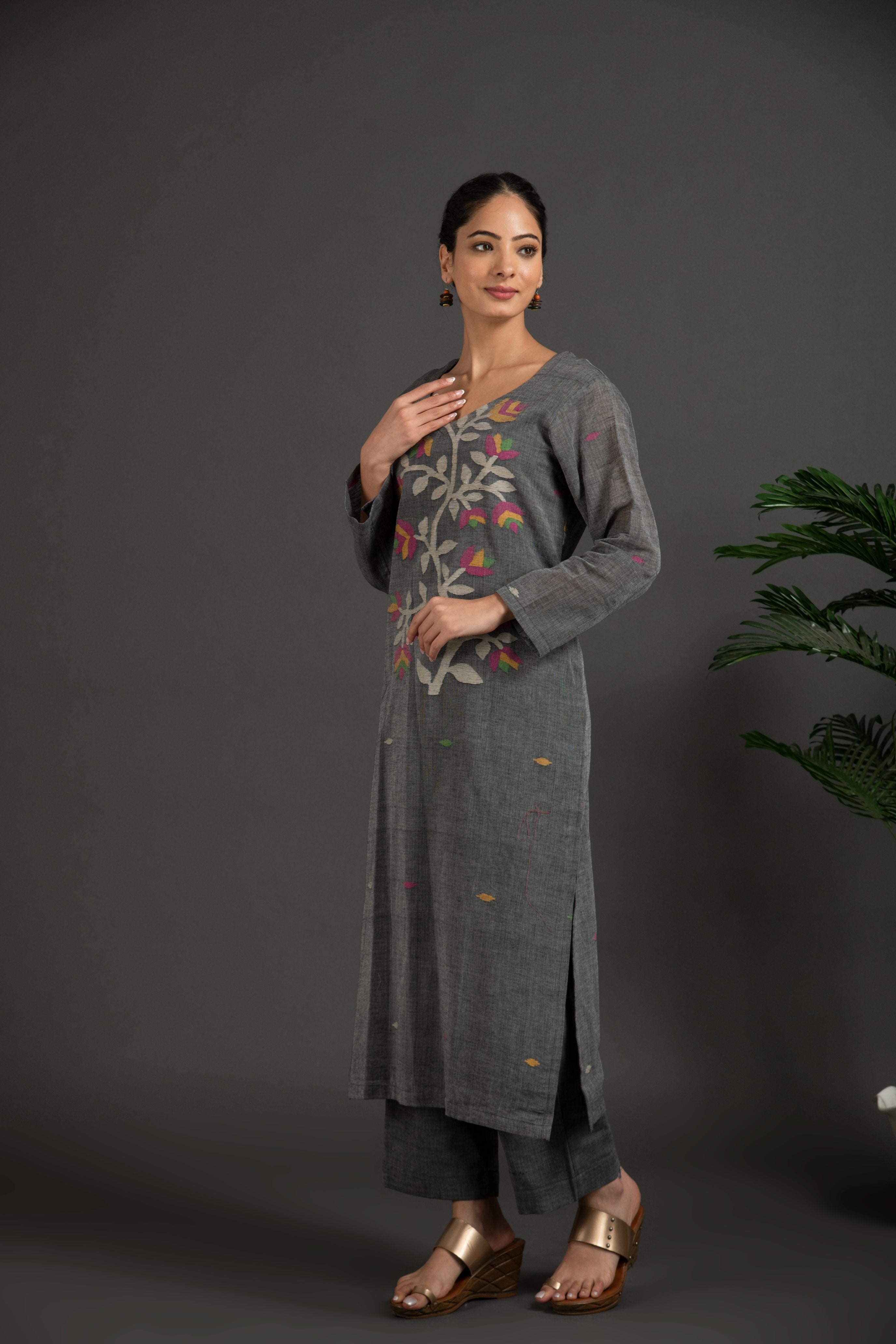 Hand Made Pure Jamdani Floral Soft and Fine Cotton Kurta with Pant and Dupatta P 09
