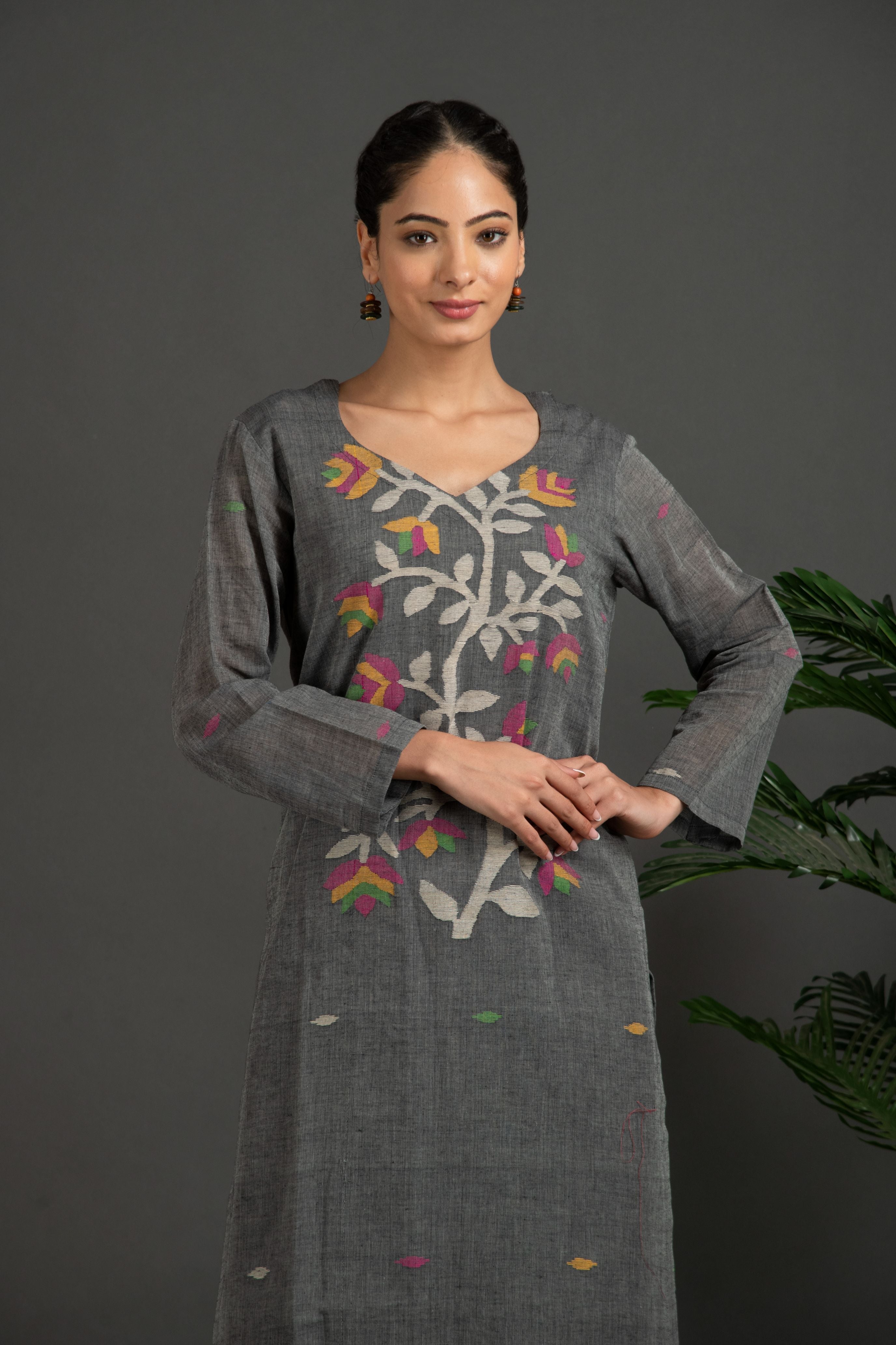 Hand Made Pure Jamdani Floral Soft and Fine Cotton Kurta with Pant and Dupatta P 09