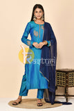 Peacock blue embroiderd silk kurta with pant set