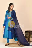 Peacock blue embroiderd silk kurta with pant set