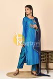 Peacock blue embroiderd silk kurta with pant set
