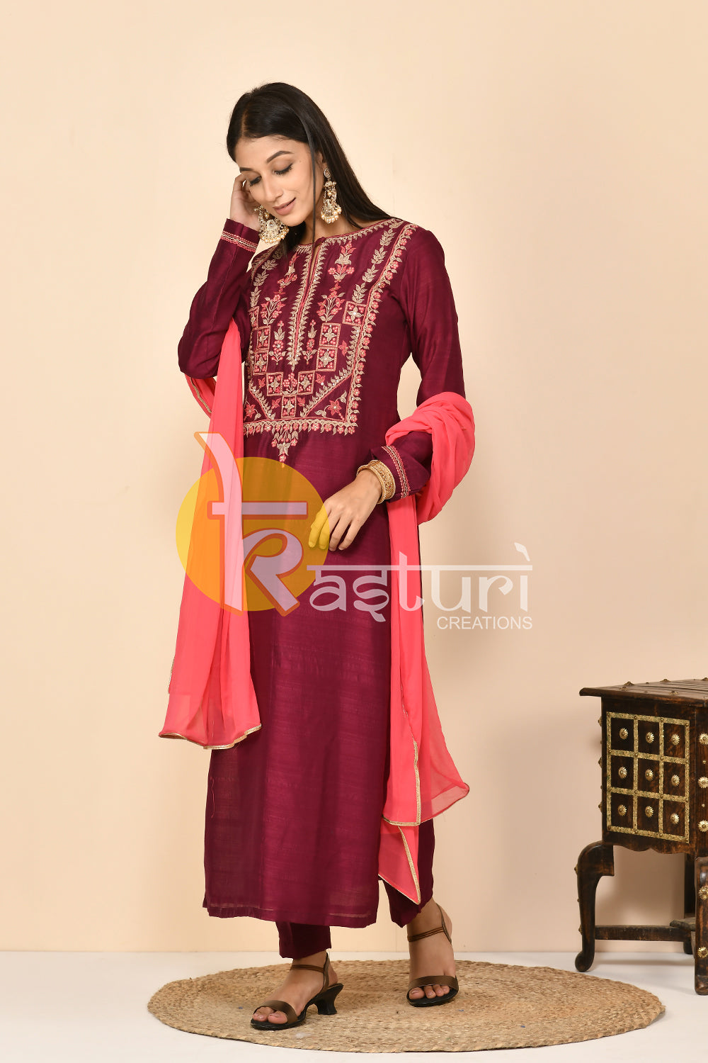 Mehroon embroiderd silk kurta with pant set