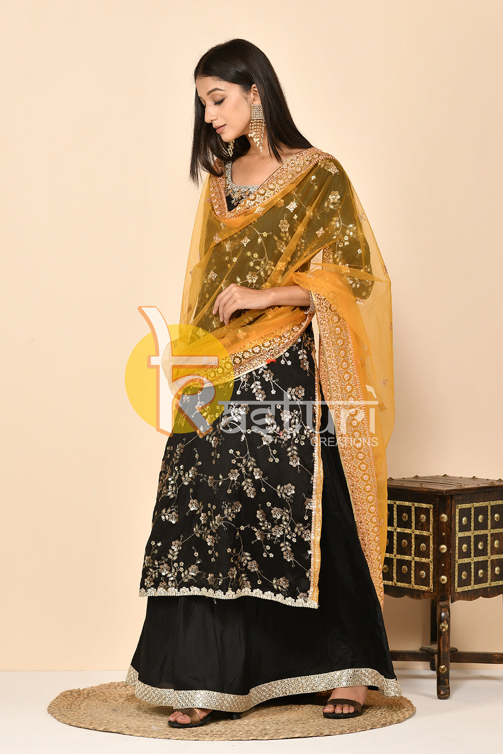 Black yellow embroidered chinon kurta and palazzo set