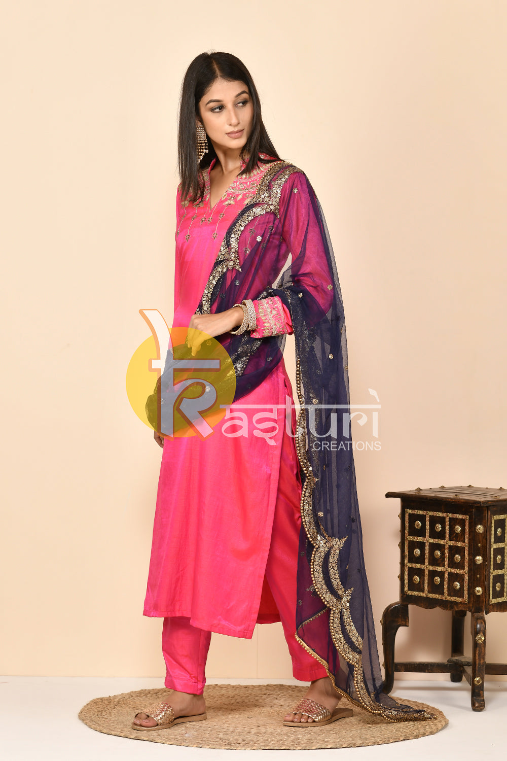 Pink embroiderd silk kurta with pant set
