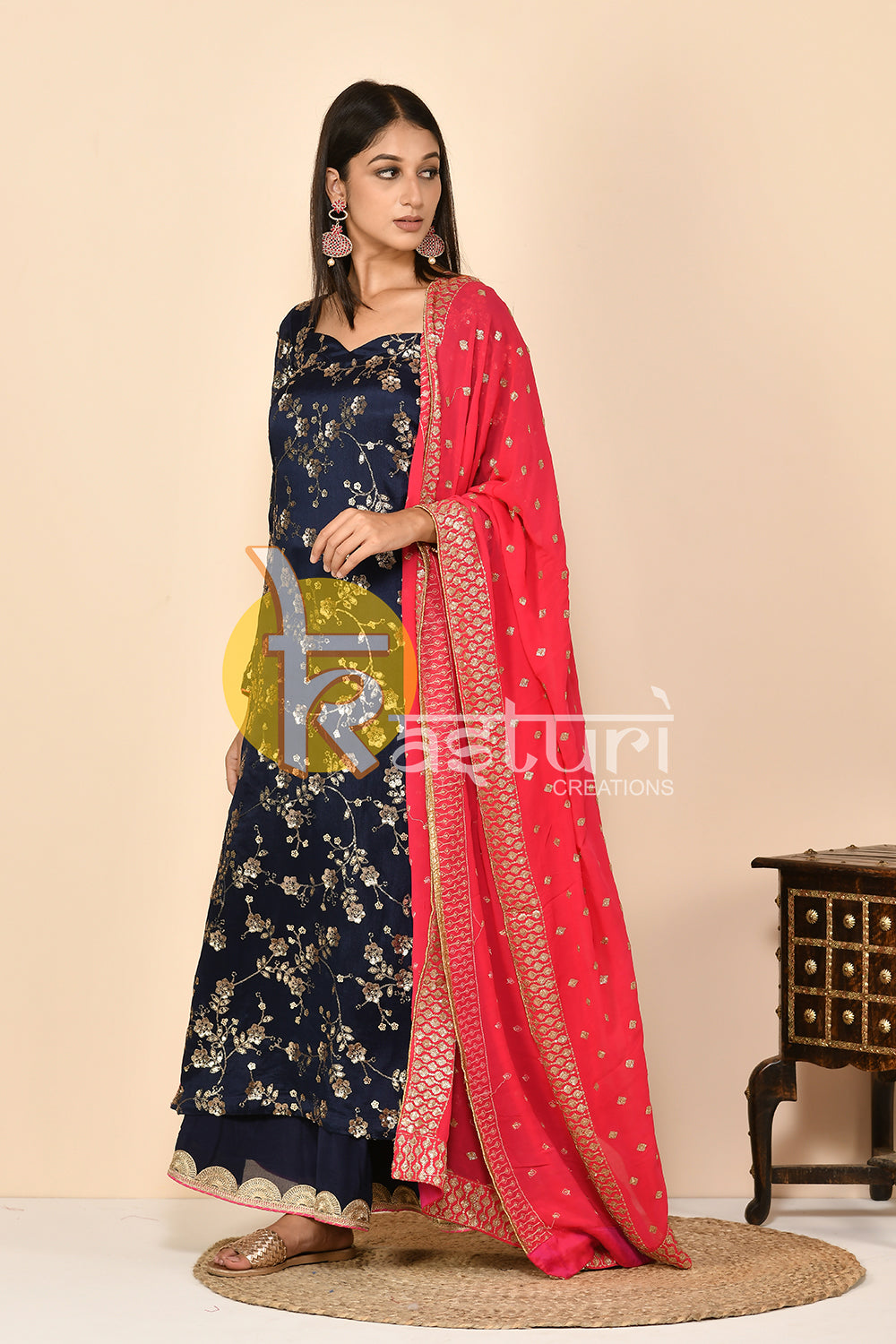 Blue heavy embroidered silk kurta and palazzo set