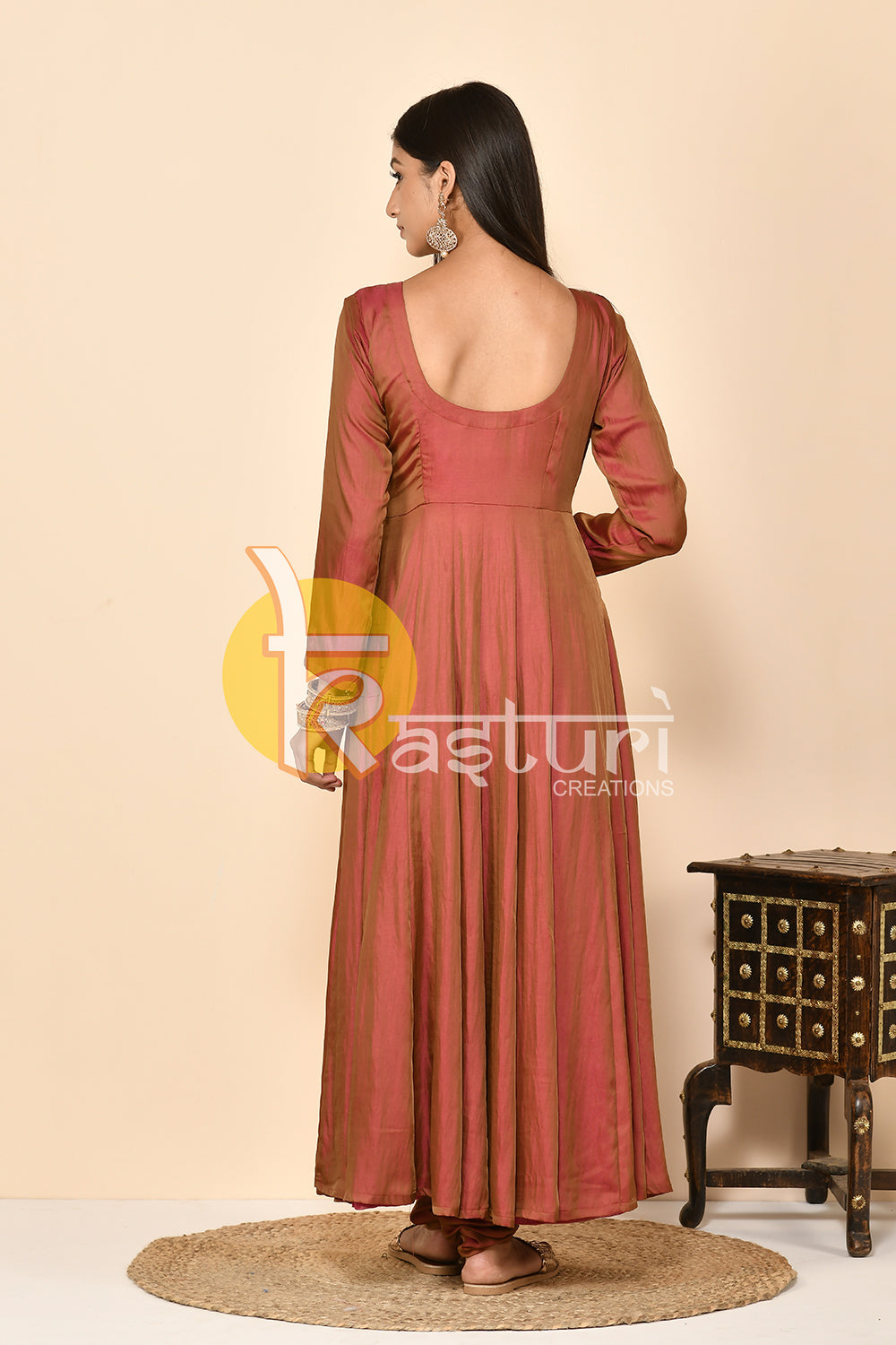 Brown silk anarkali kurta set with dupatta