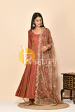 Brown silk anarkali kurta set with dupatta
