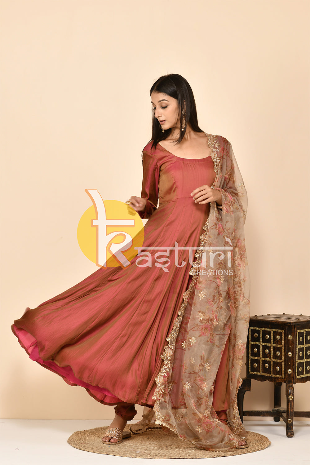 Brown silk anarkali kurta set with dupatta