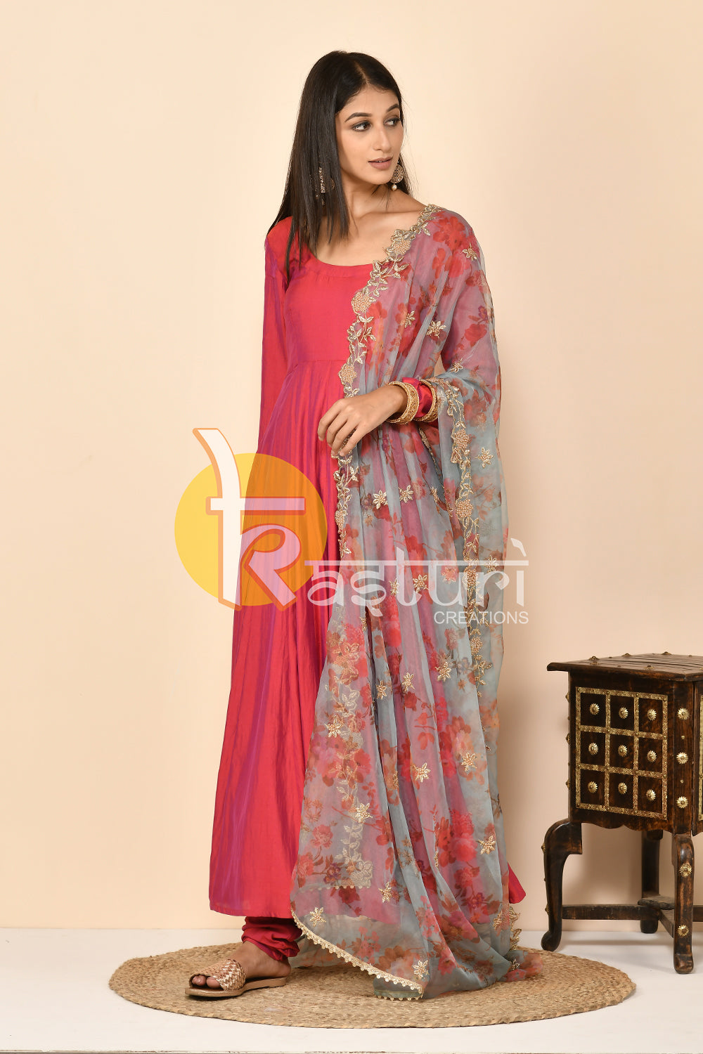 Pink silk anarkali kurta set with dupatta