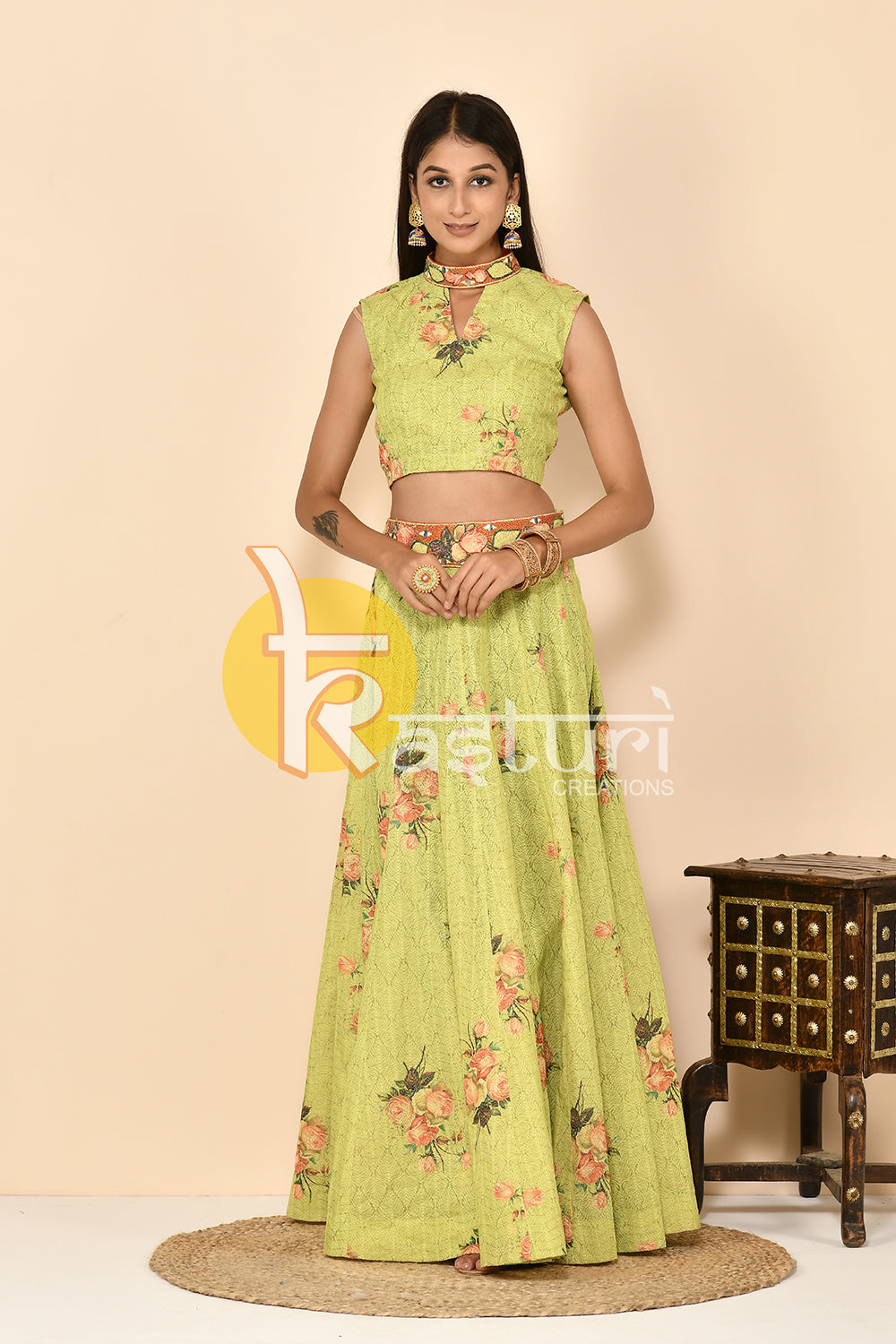 Floresent green digital print top with skirt set