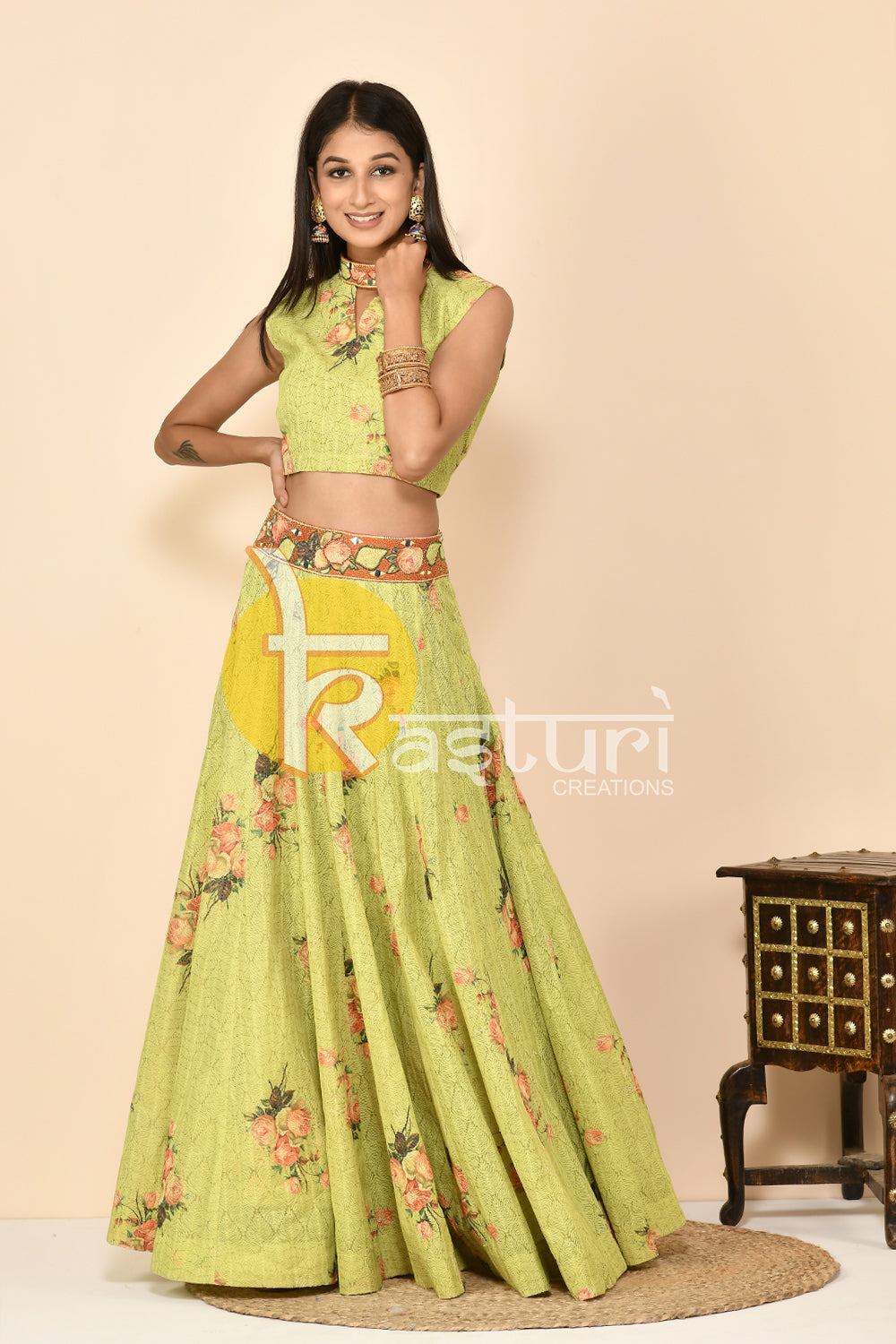 Floresent green digital print top with skirt set