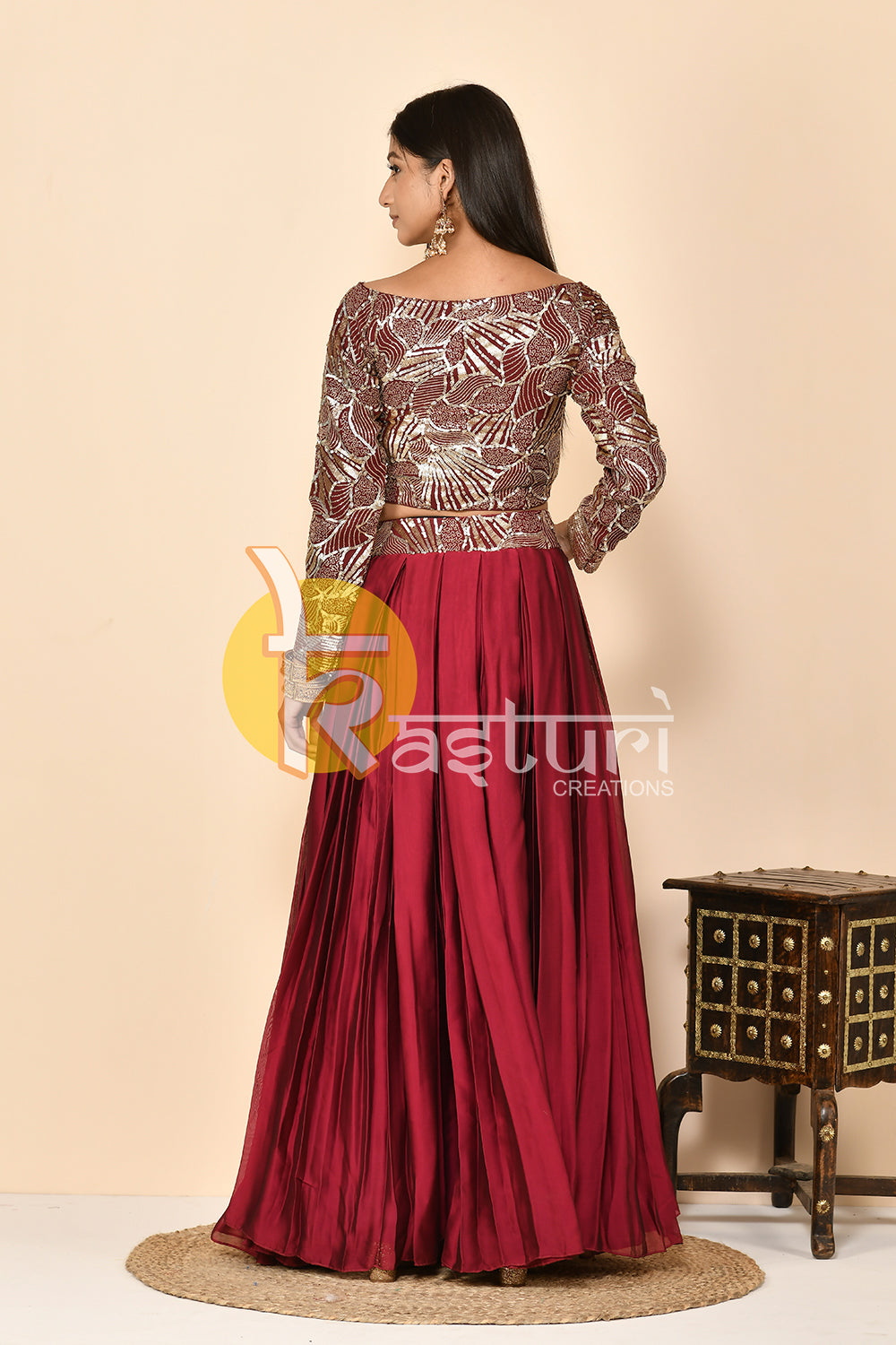 Wine sequence work and embroidered fusion top with skirt set