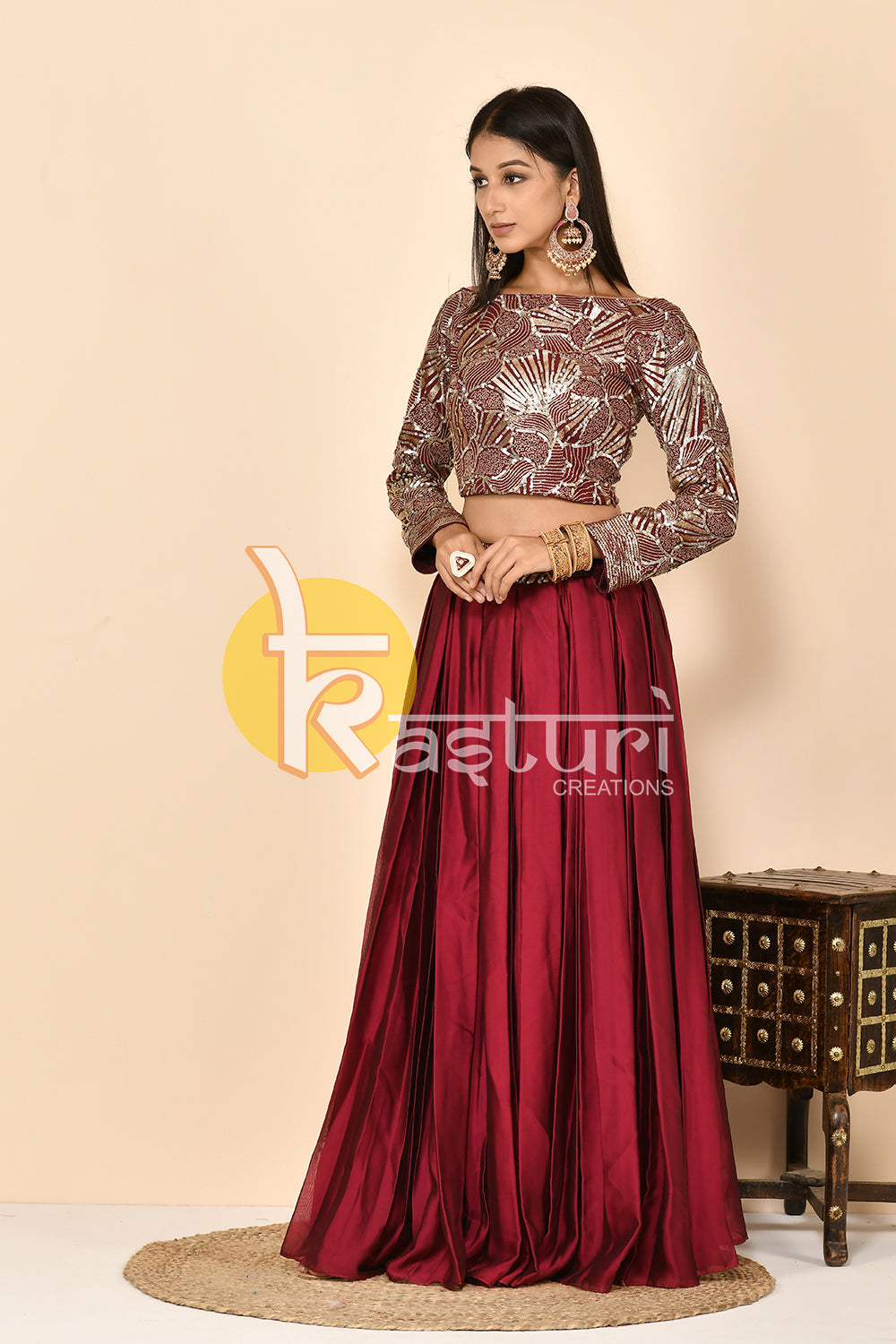 Wine sequence work and embroidered fusion top with skirt set