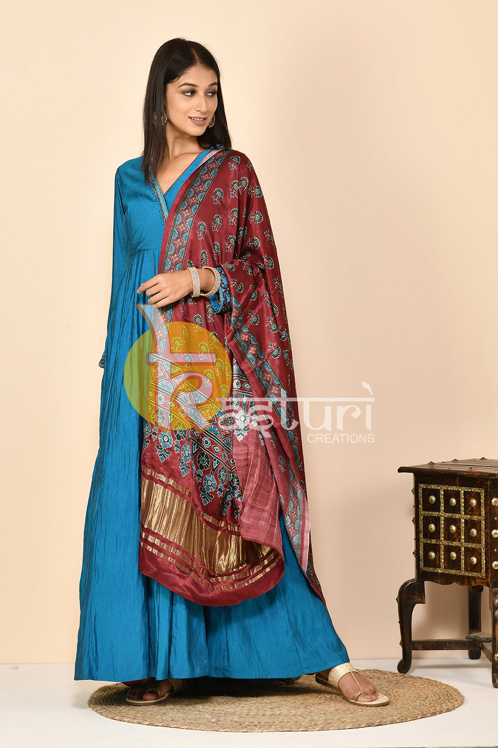 Blue silk anarkali kurta set with dupatta