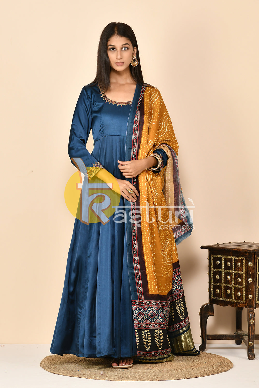 Navy blue silk anarkali kurta set with dupatta