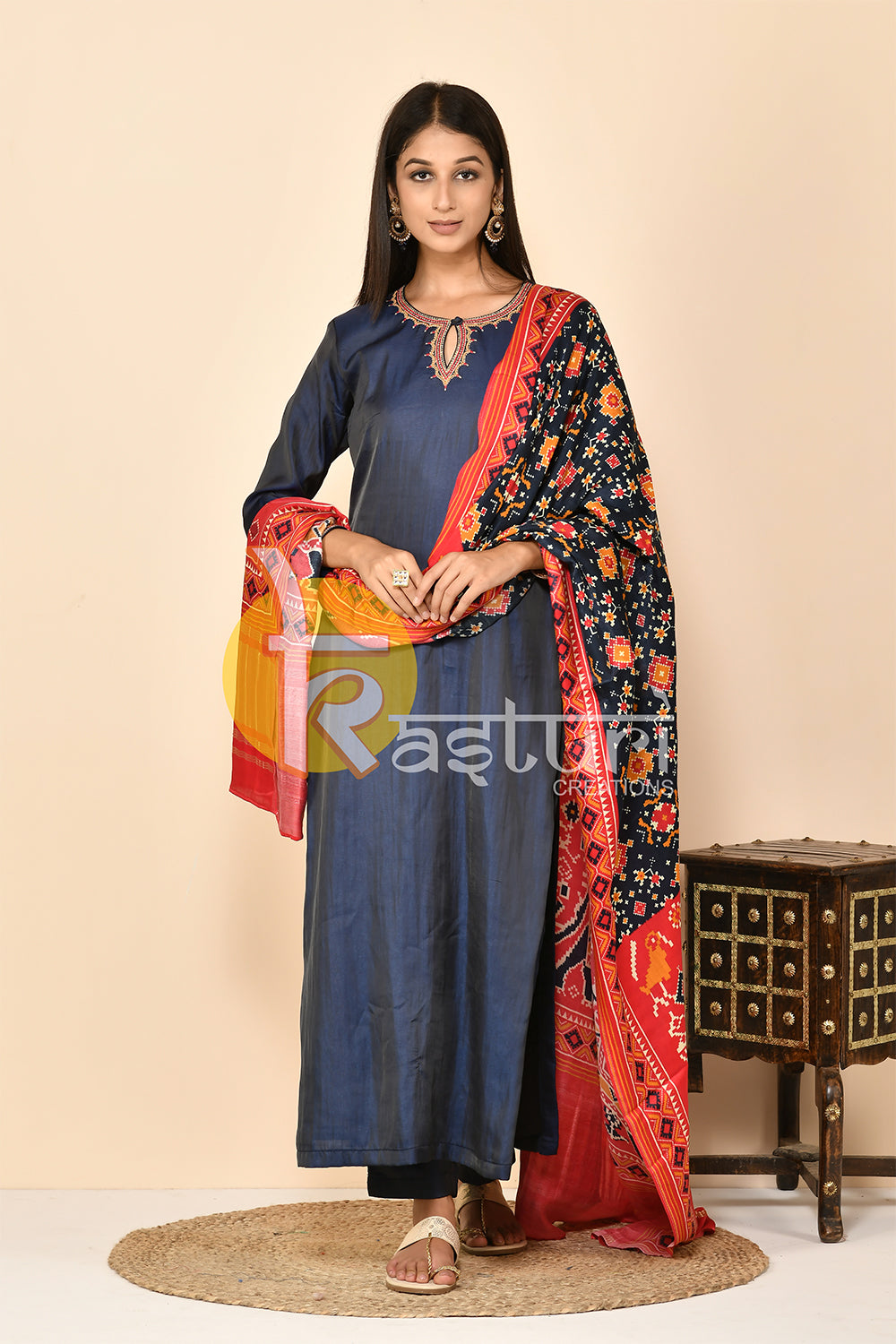 Blue silk long kurta with pant set