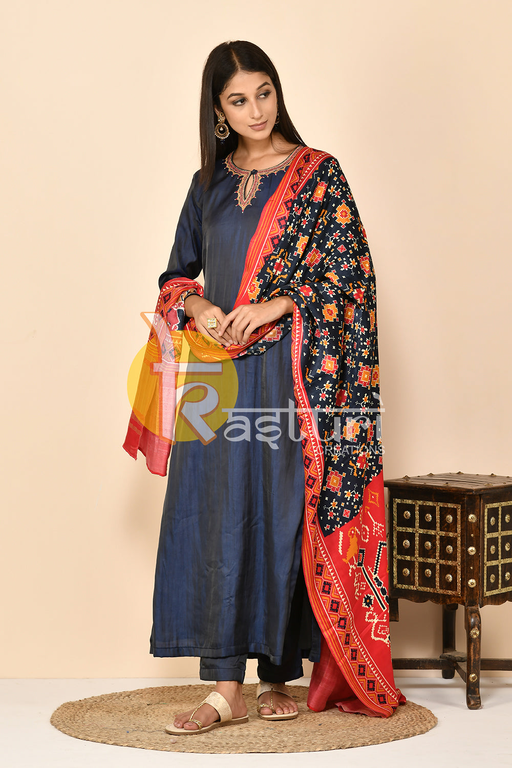 Blue silk long kurta with pant set
