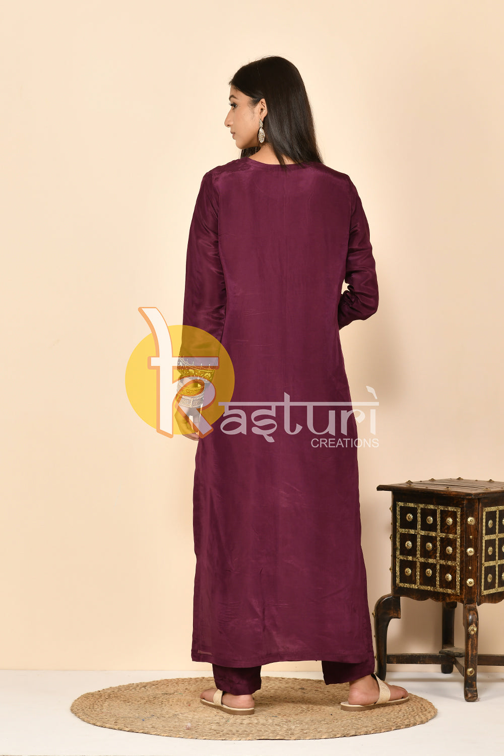 Purple silk long kurta with pant set