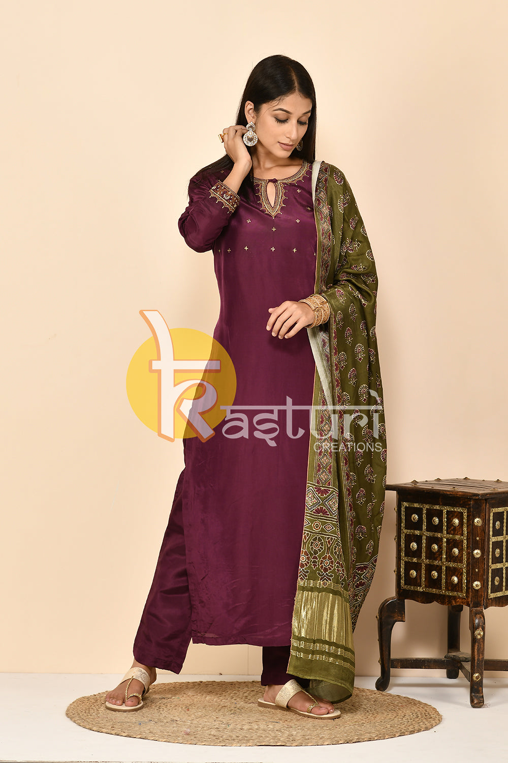 Purple silk long kurta with pant set