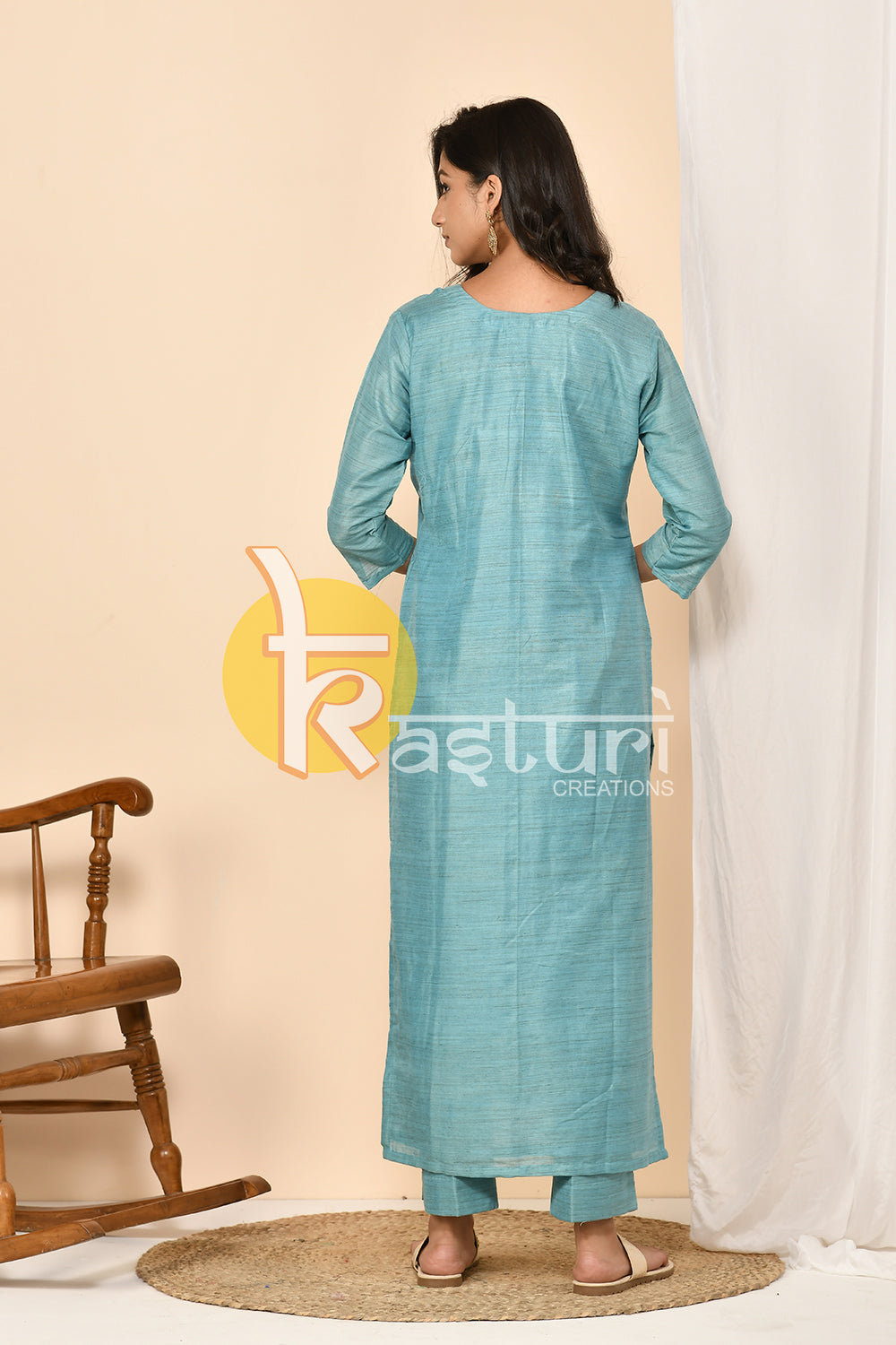 Sky blue embroidered silk long kurta with pant set