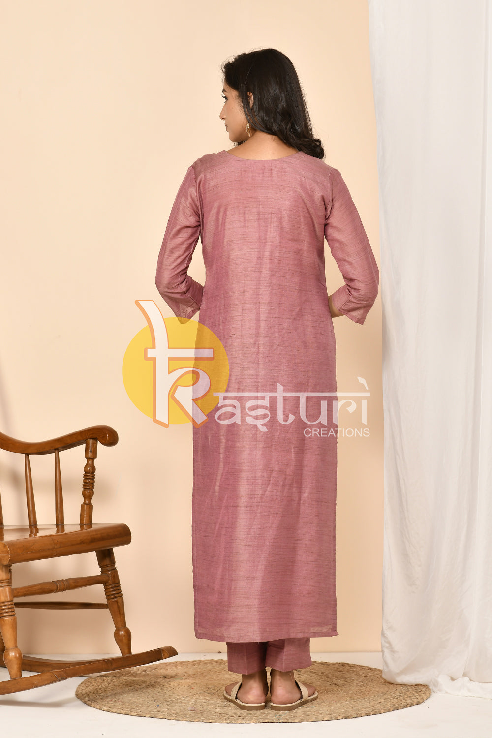 Mauve embroidered silk long kurta with pant set