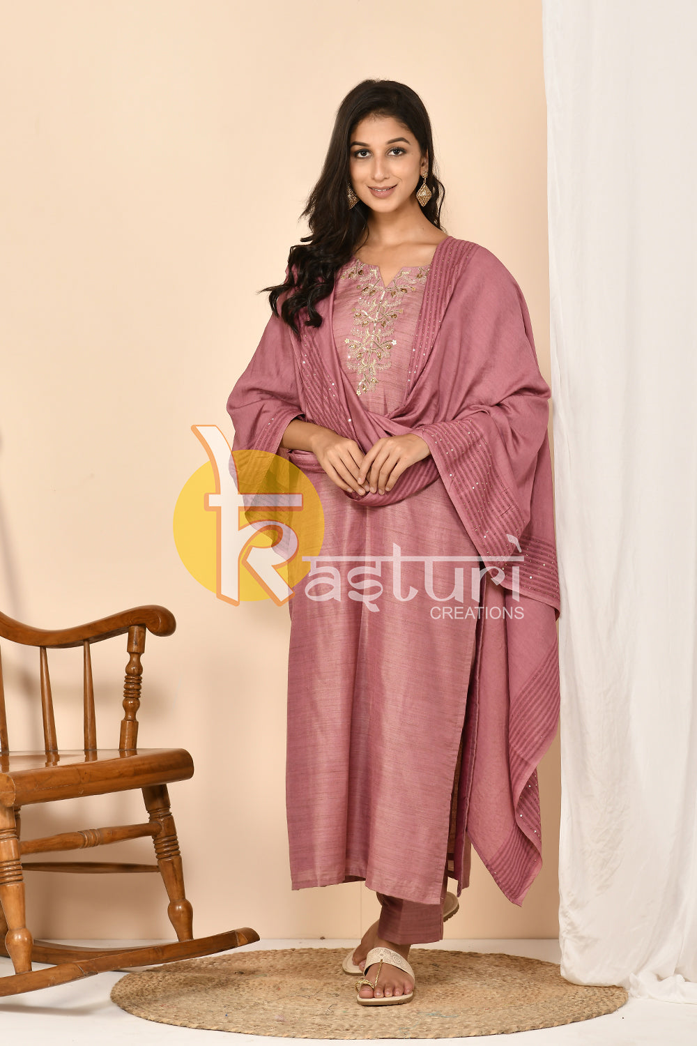 Mauve embroidered silk long kurta with pant set