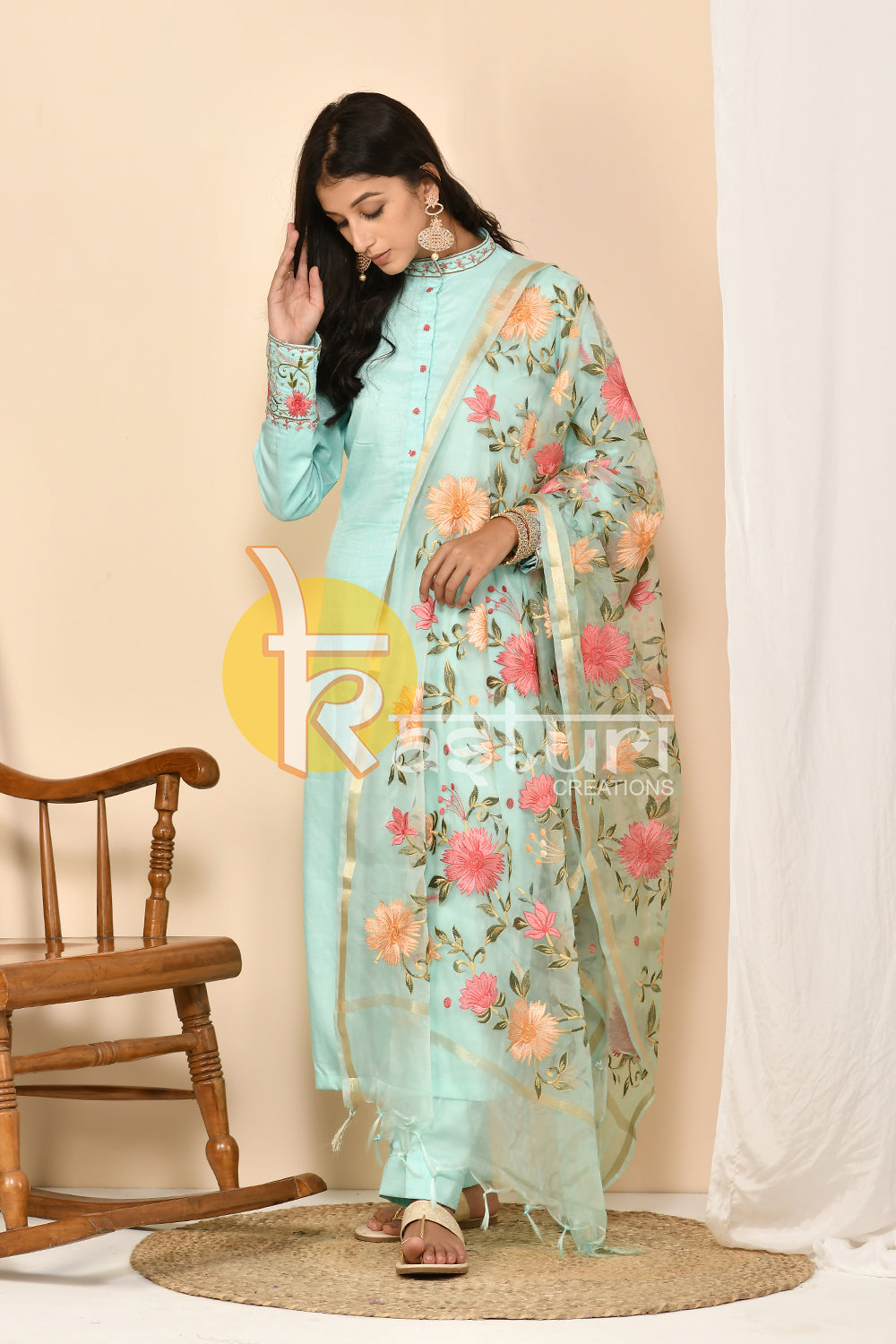 Light blue long kurta with pant set
