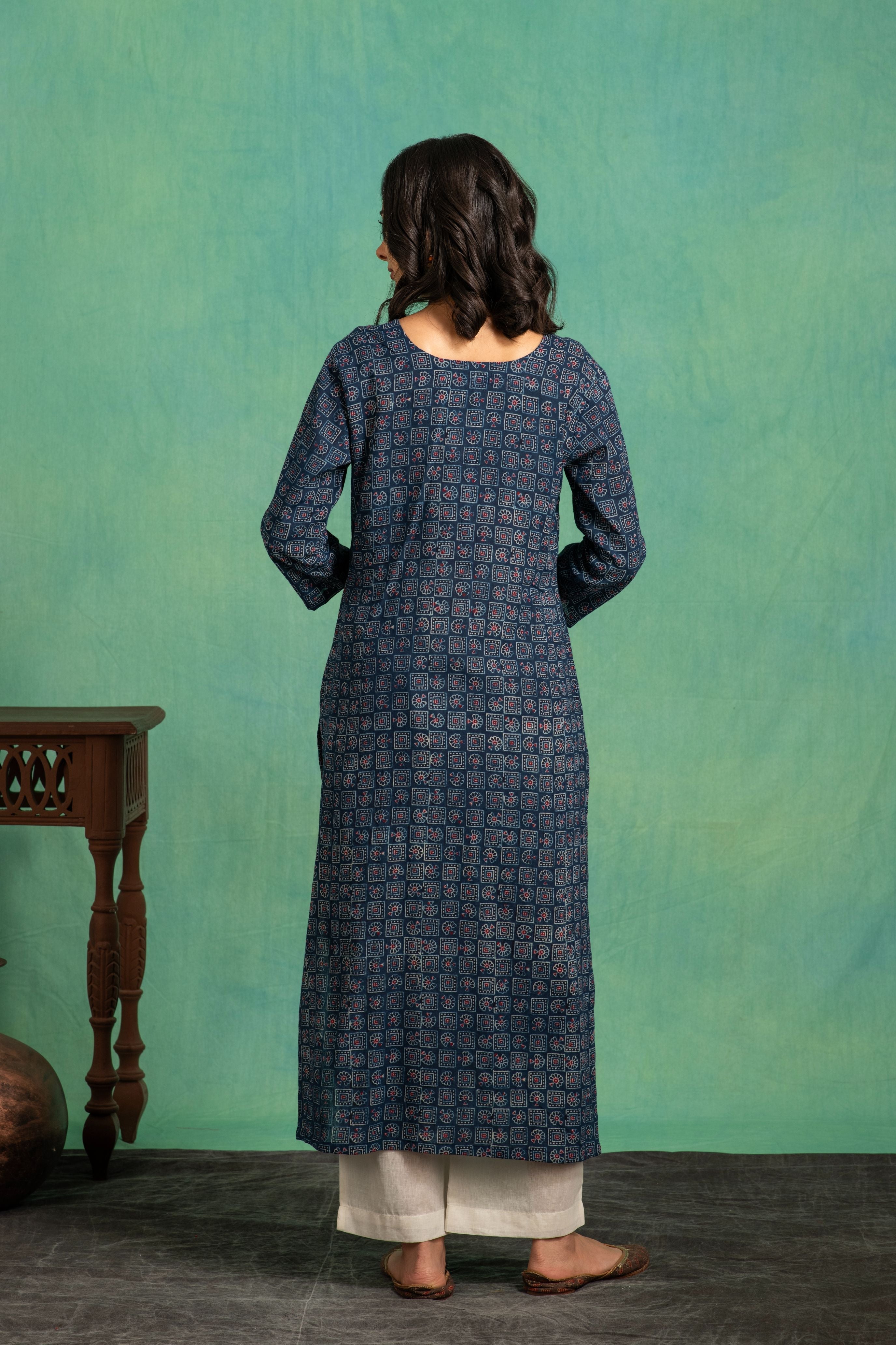 Ajrakh Handblock Pure Cotton Kurta and Dupatta Set with Embroidered  Neckline and a white Cotton Bottom