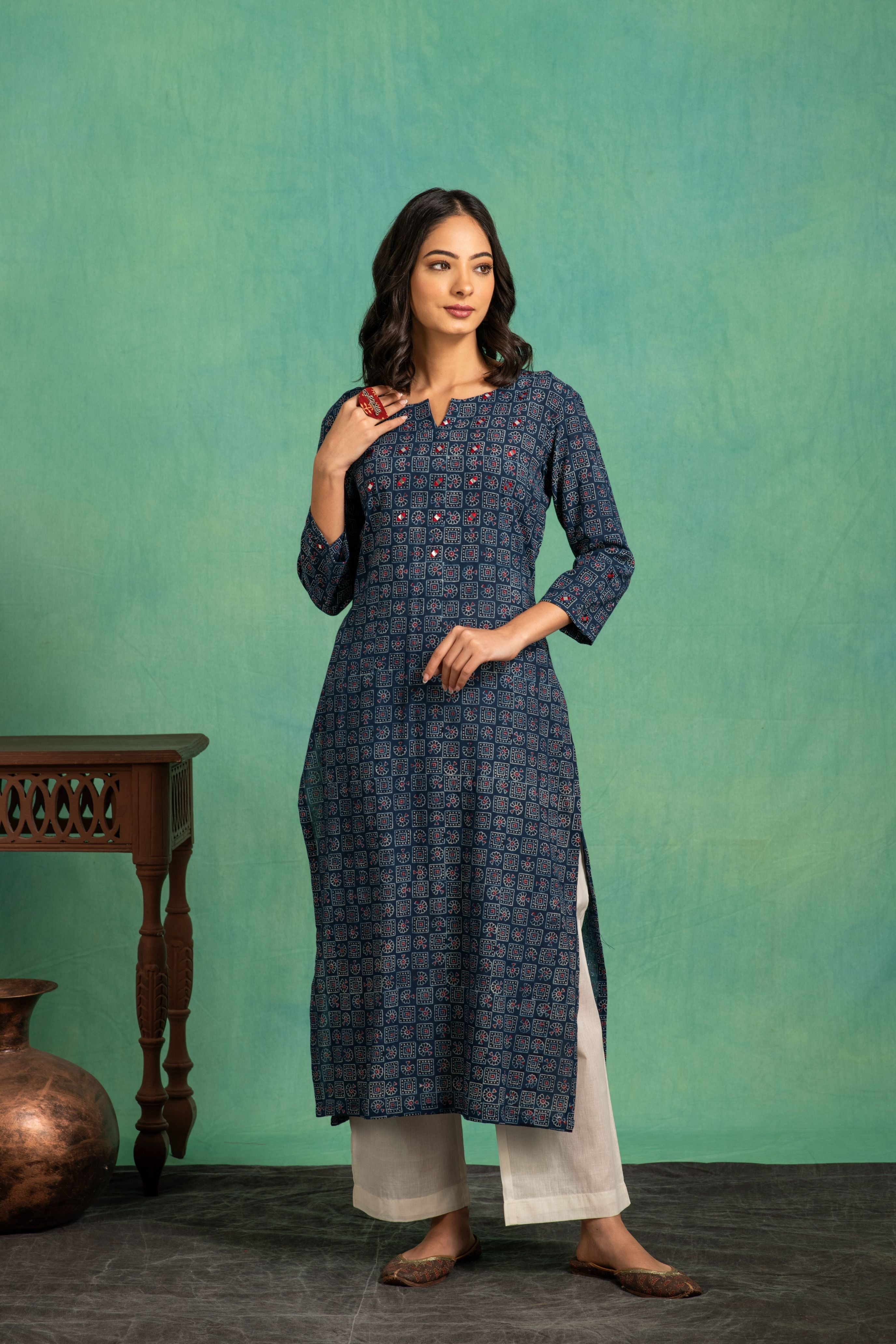Ajrakh Handblock Pure Cotton Kurta and Dupatta Set with Embroidered  Neckline and a white Cotton Bottom