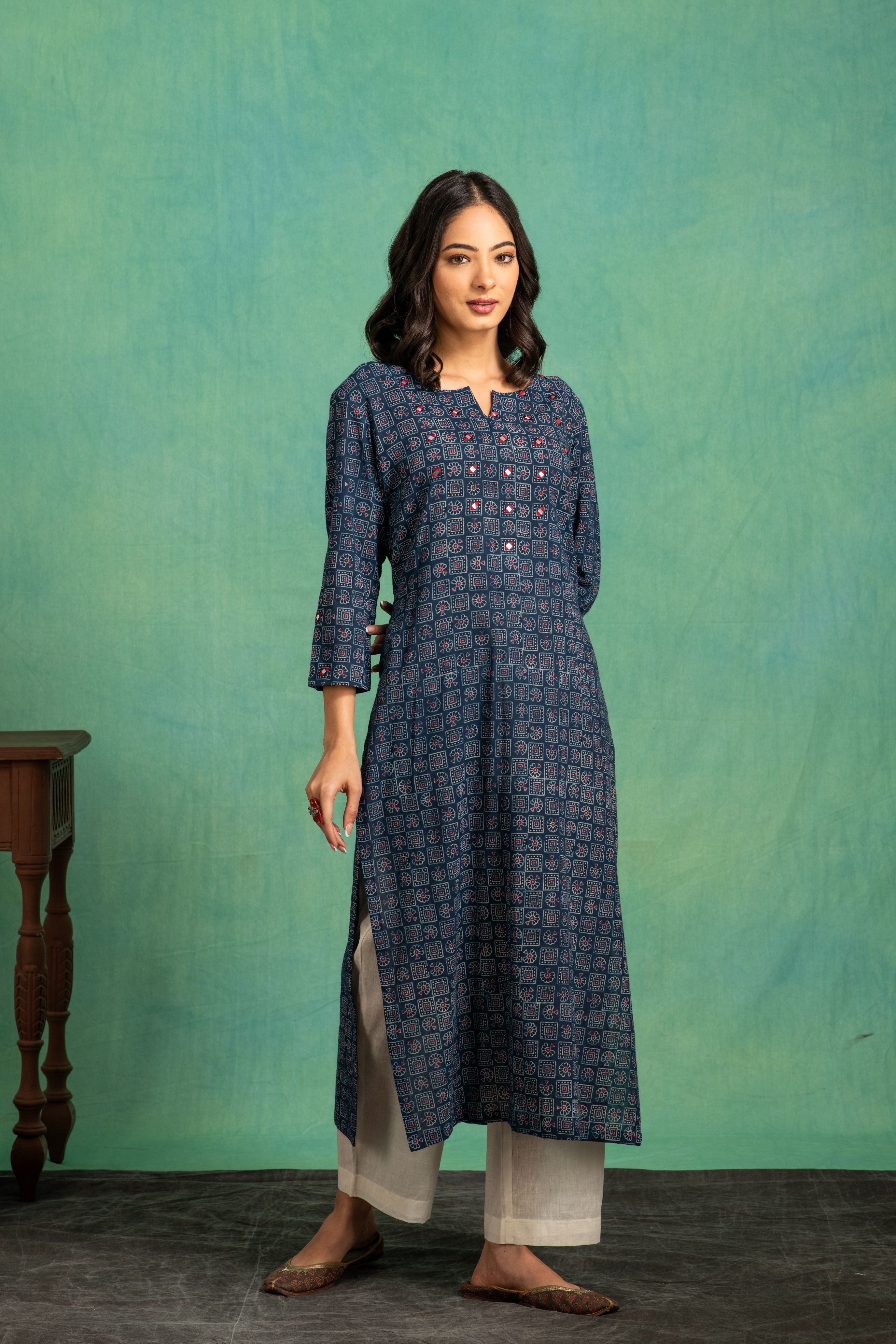 Ajrakh Handblock Pure Cotton Kurta and Dupatta Set with Embroidered  Neckline and a white Cotton Bottom