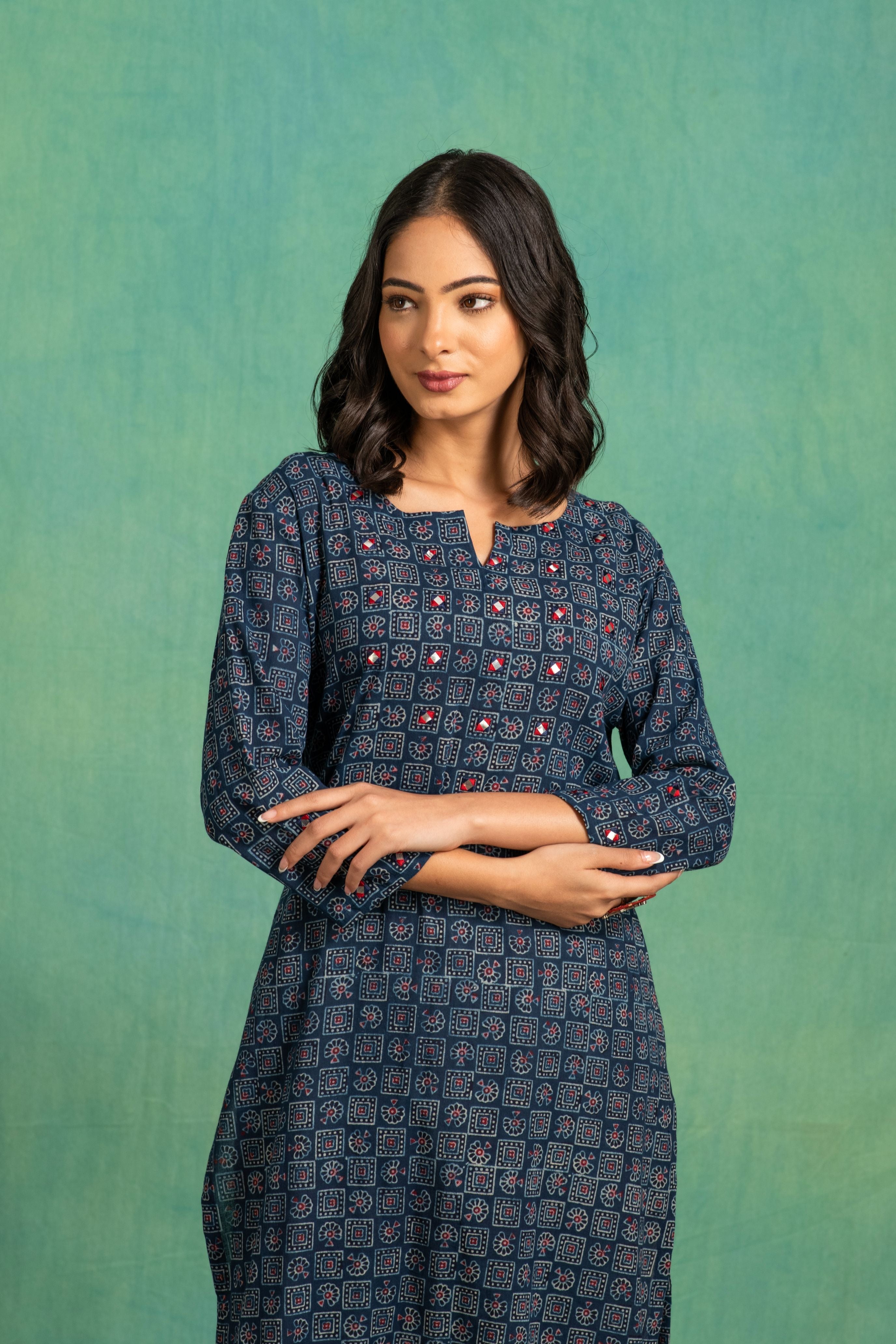 Ajrakh Handblock Pure Cotton Kurta and Dupatta Set with Embroidered  Neckline and a white Cotton Bottom