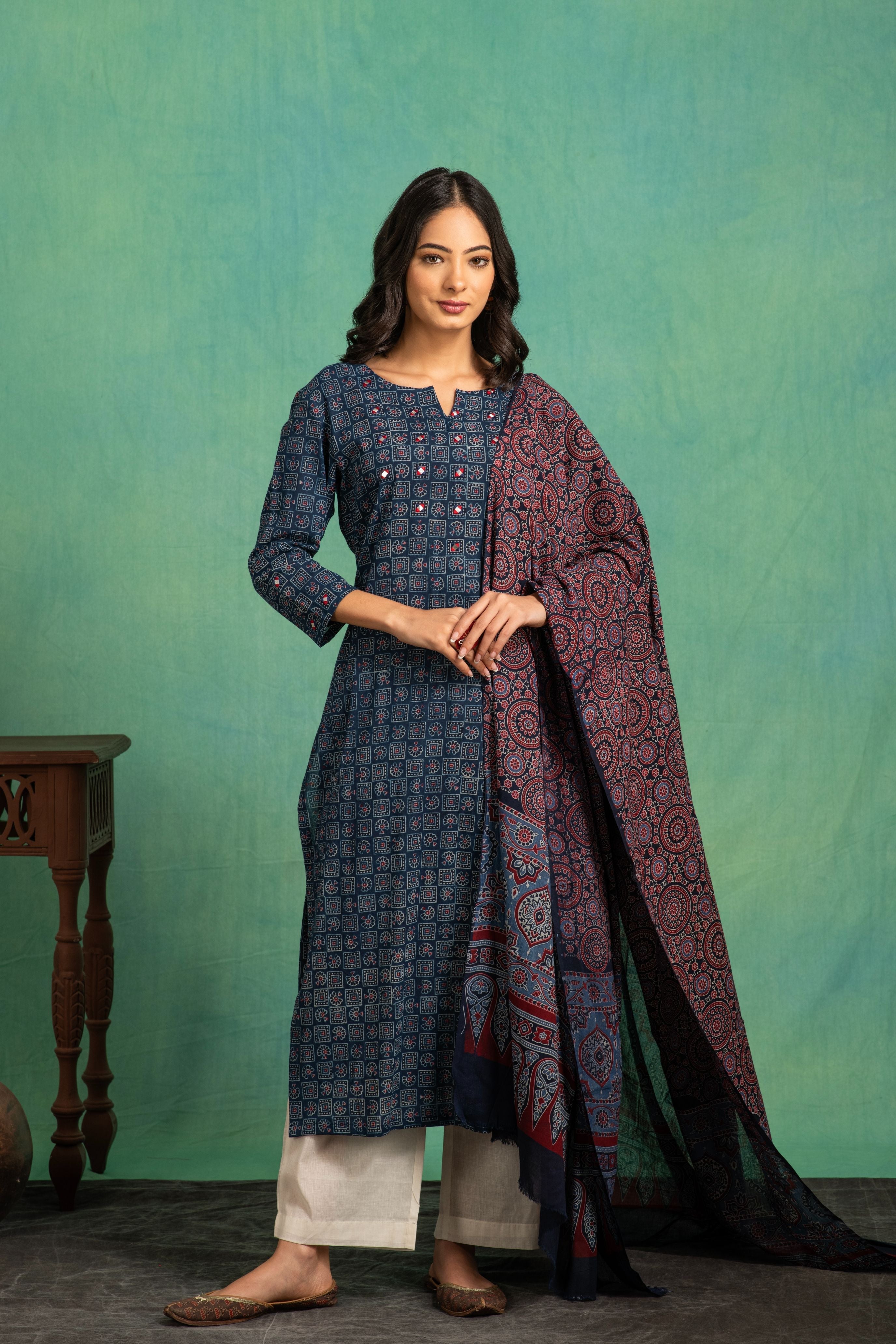 Ajrakh Handblock Pure Cotton Kurta and Dupatta Set with Embroidered  Neckline and a white Cotton Bottom