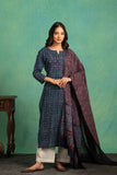 Ajrakh Handblock Pure Cotton Kurta and Dupatta Set with Embroidered  Neckline and a white Cotton Bottom