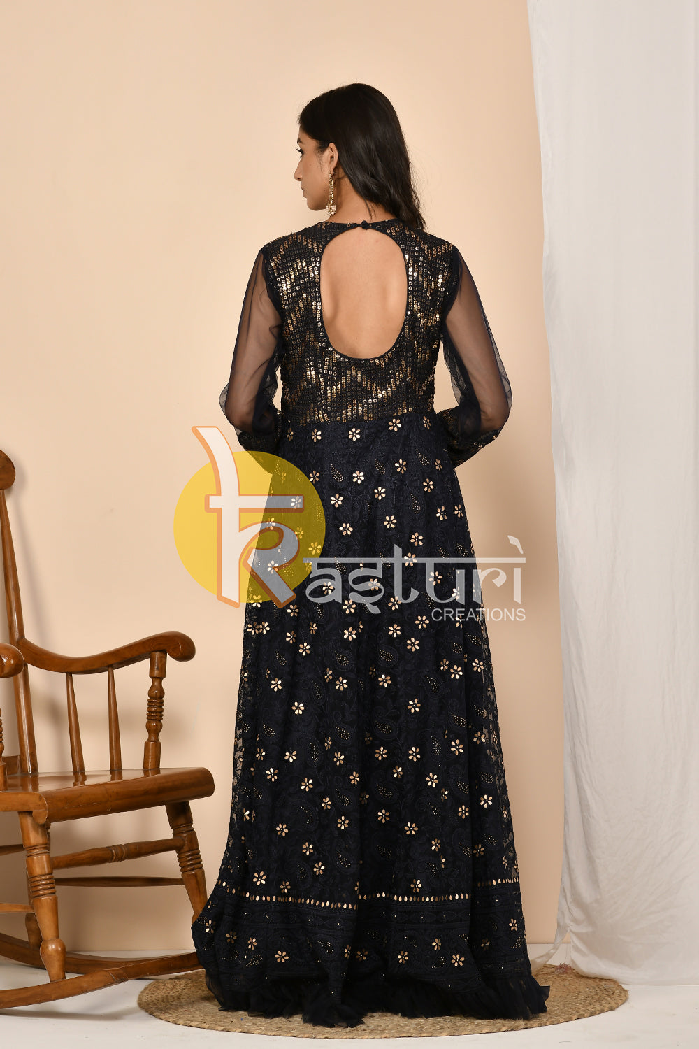 Navy blue heavy sequence work anarkali dress