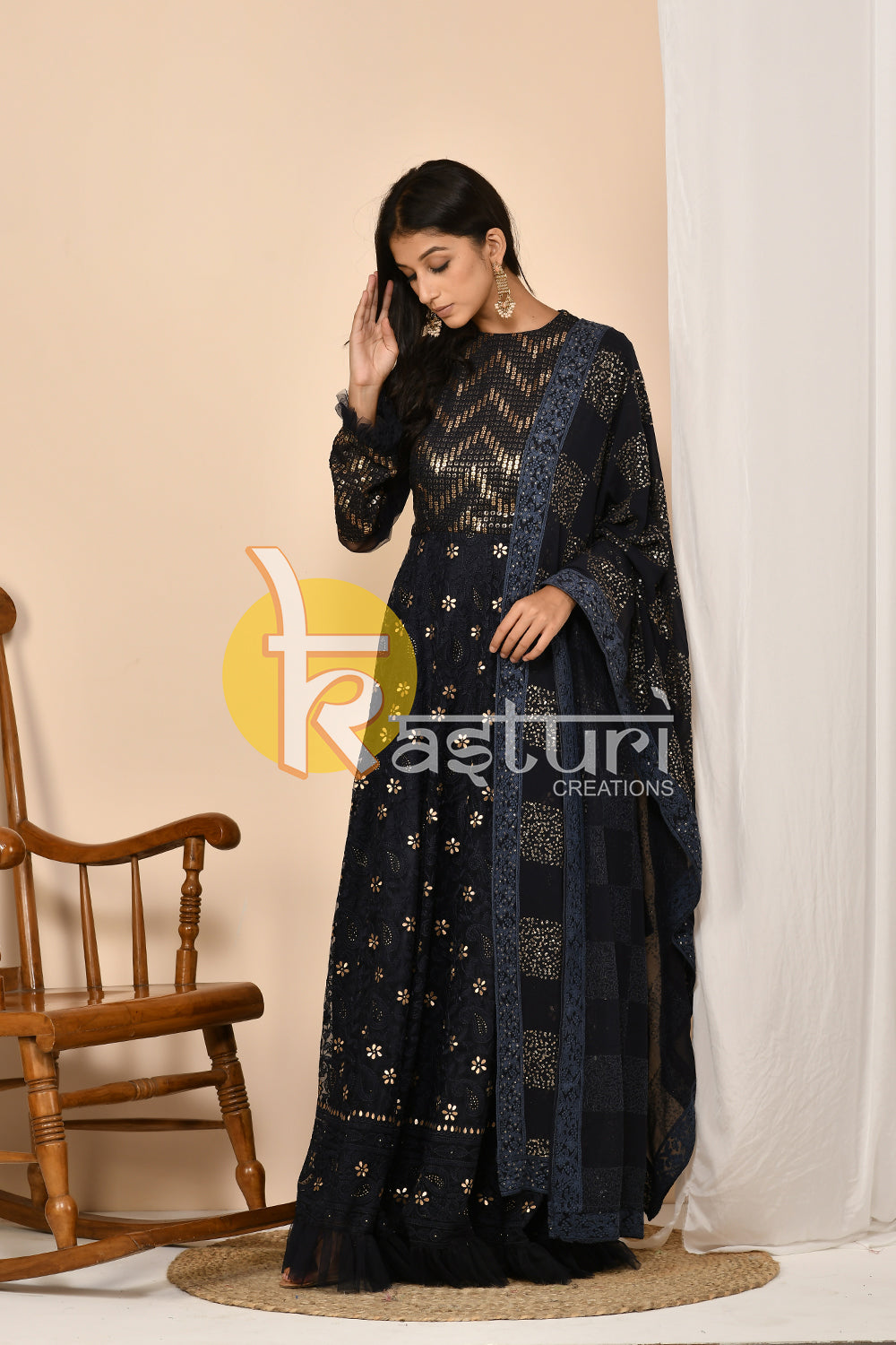 Navy blue heavy sequence work anarkali dress
