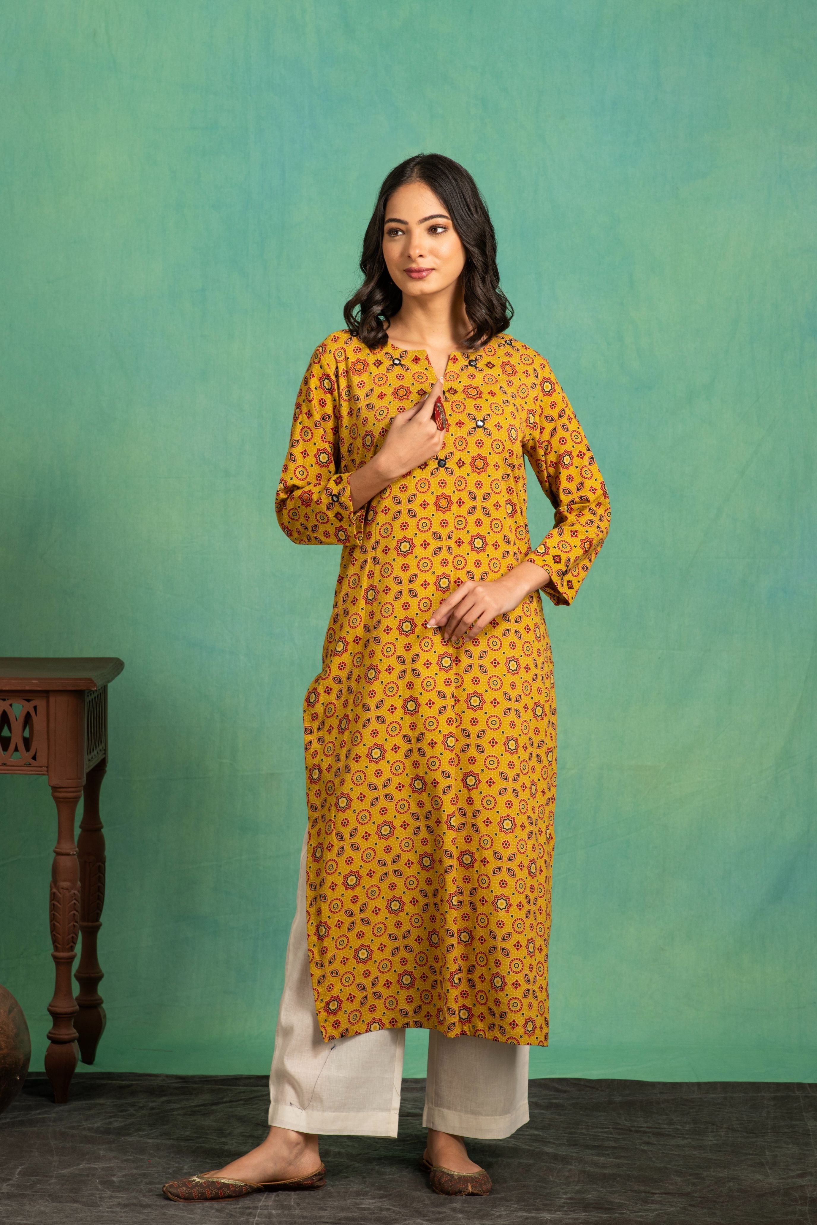 Ajrakh Handblock Pure cotton kurta and Dupatta set with Embroidered  Neckline and a white cotton bottom