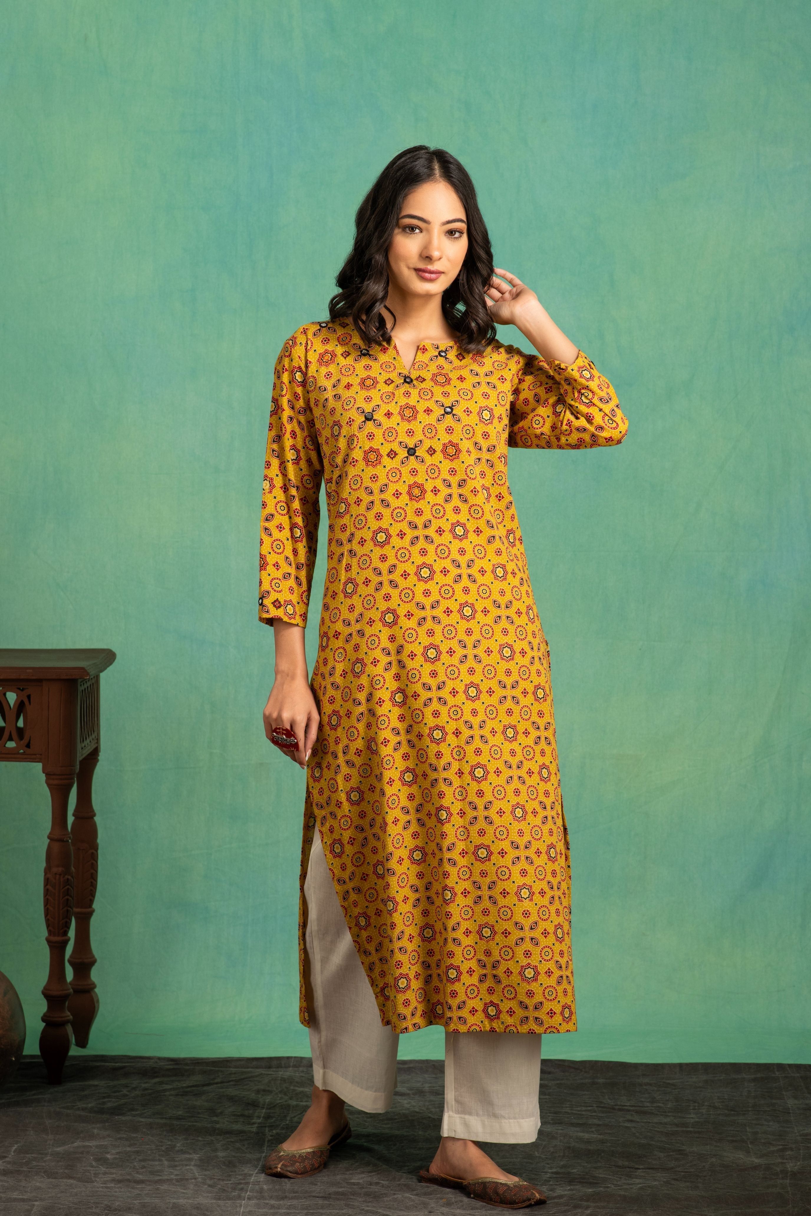 Ajrakh Handblock Pure cotton kurta and Dupatta set with Embroidered  Neckline and a white cotton bottom