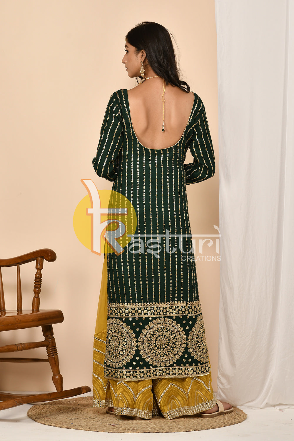 Green and yellow heavy embroidered kurta and palazzo set