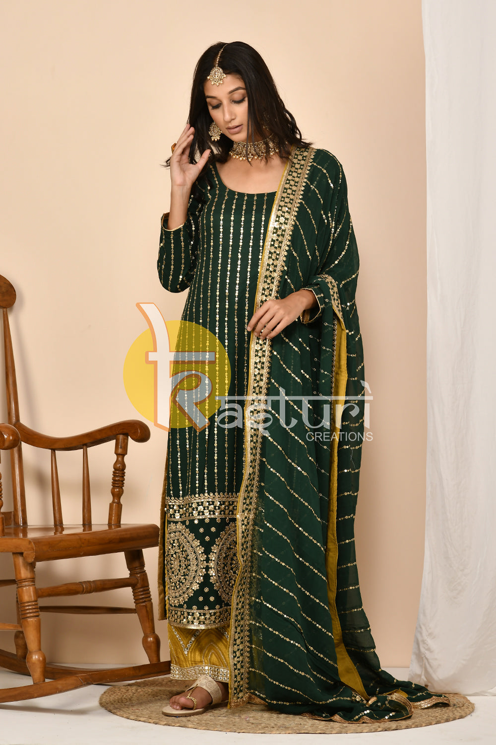 Green and yellow heavy embroidered kurta and palazzo set