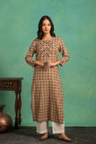 Ajrakh Handblock Pure Cotton Kurta and Dupatta Set with Embroidered Neckline and a White Cotton Bottom