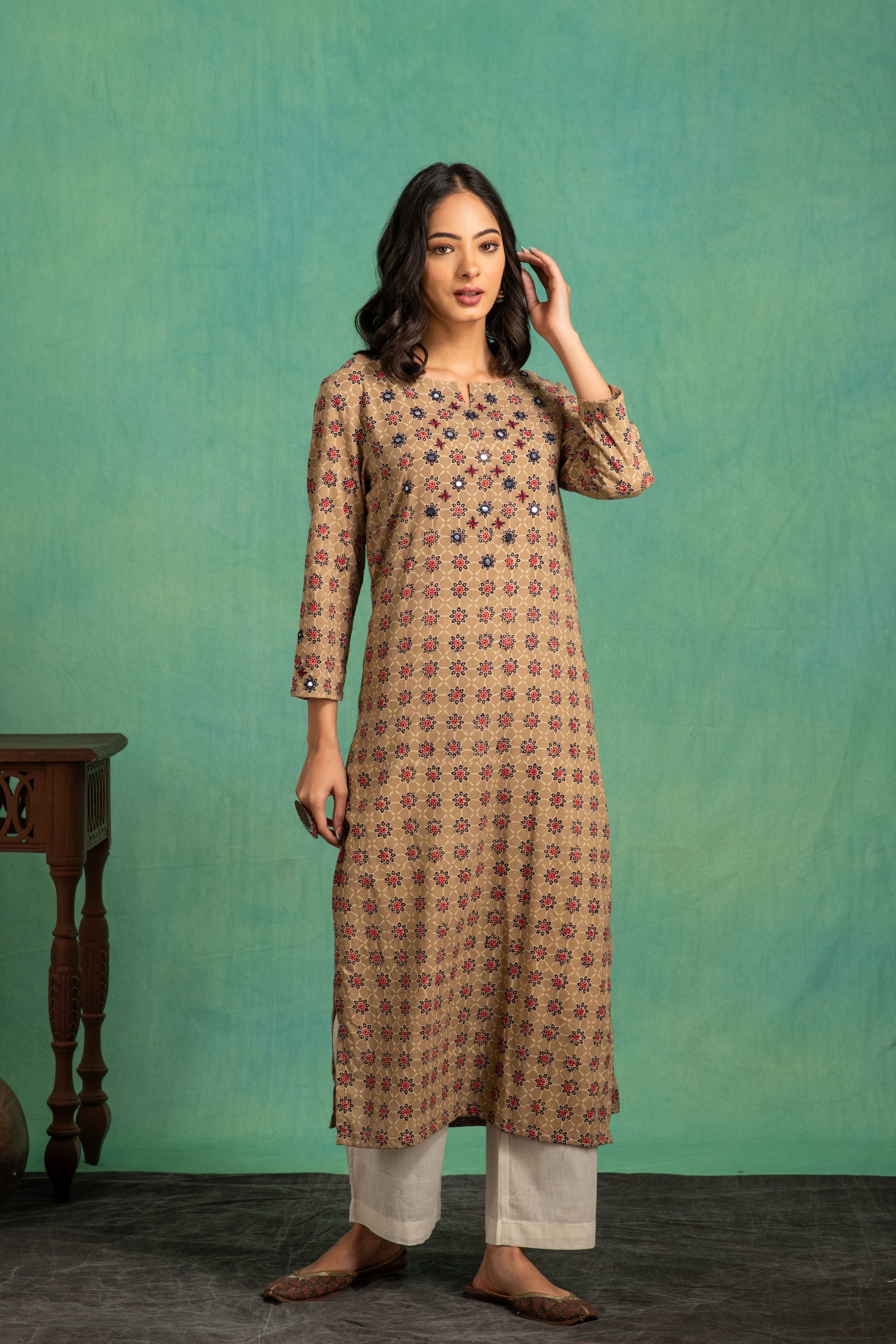 Ajrakh Handblock Pure Cotton Kurta and Dupatta Set with Embroidered Neckline and a White Cotton Bottom