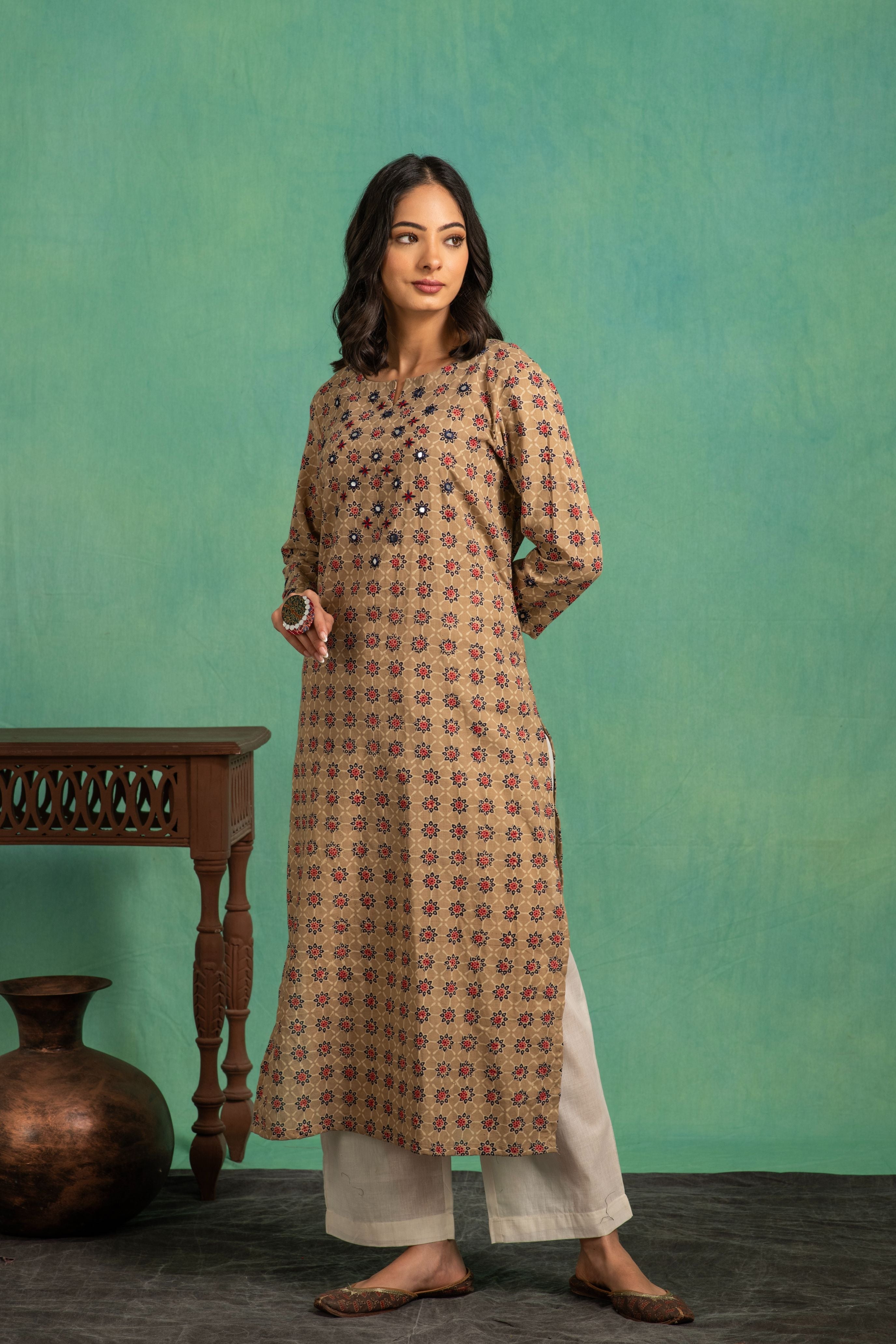 Ajrakh Handblock Pure Cotton Kurta and Dupatta Set with Embroidered Neckline and a White Cotton Bottom