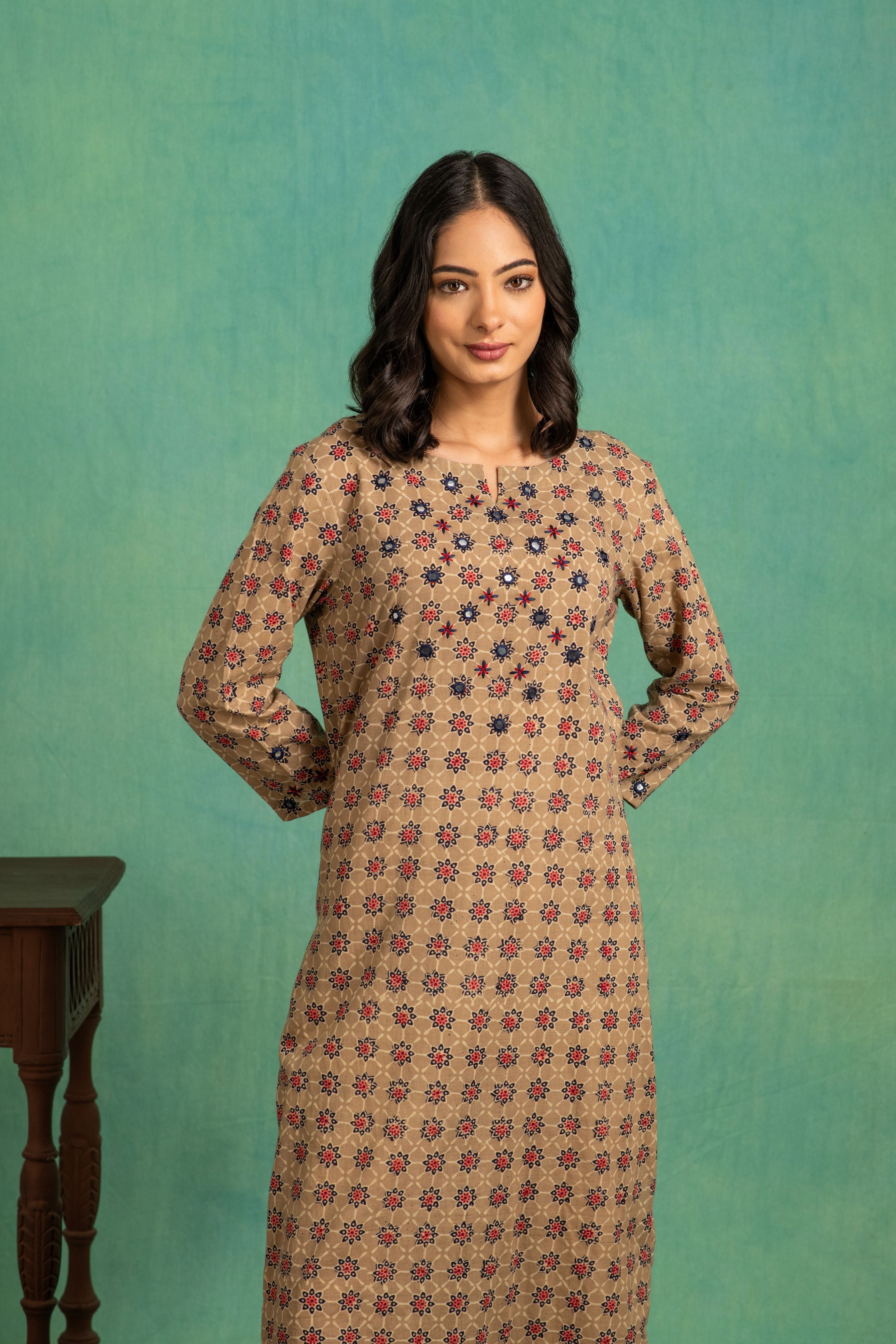 Ajrakh Handblock Pure Cotton Kurta and Dupatta Set with Embroidered Neckline and a White Cotton Bottom