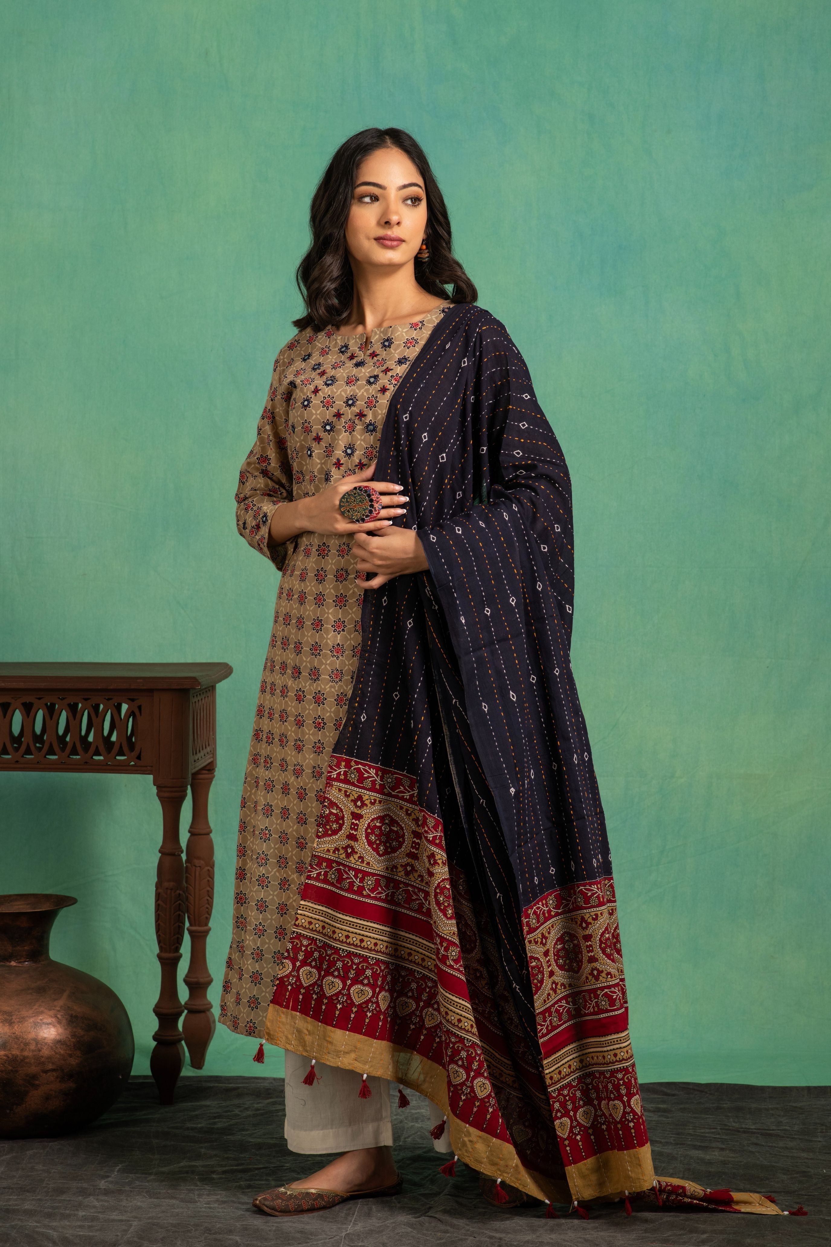 Ajrakh Handblock Pure Cotton Kurta and Dupatta Set with Embroidered Neckline and a White Cotton Bottom